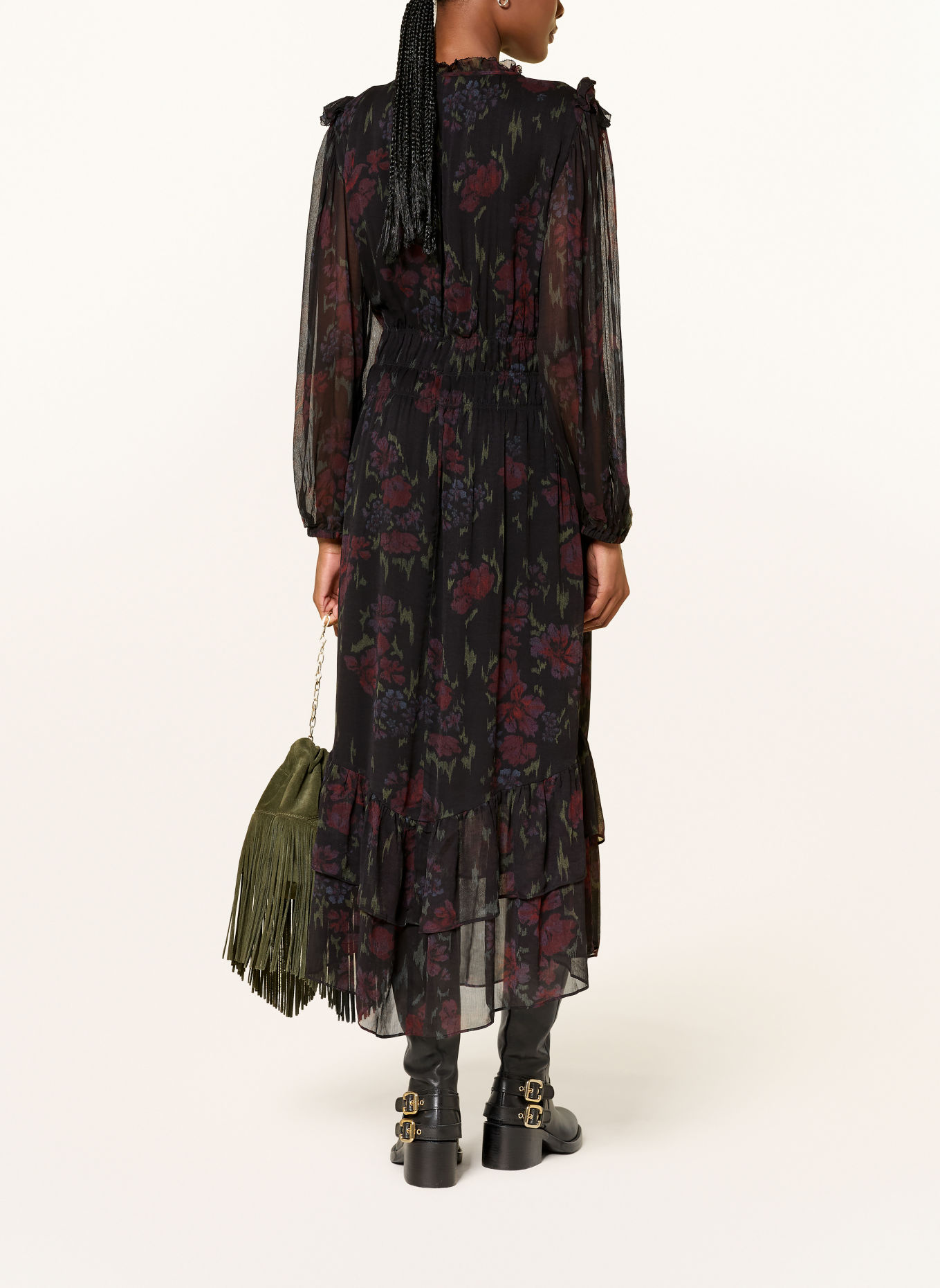 ba&sh Kleid DOVA mit Rüschen: SCHWARZ / DUNKELROT / GRÜN