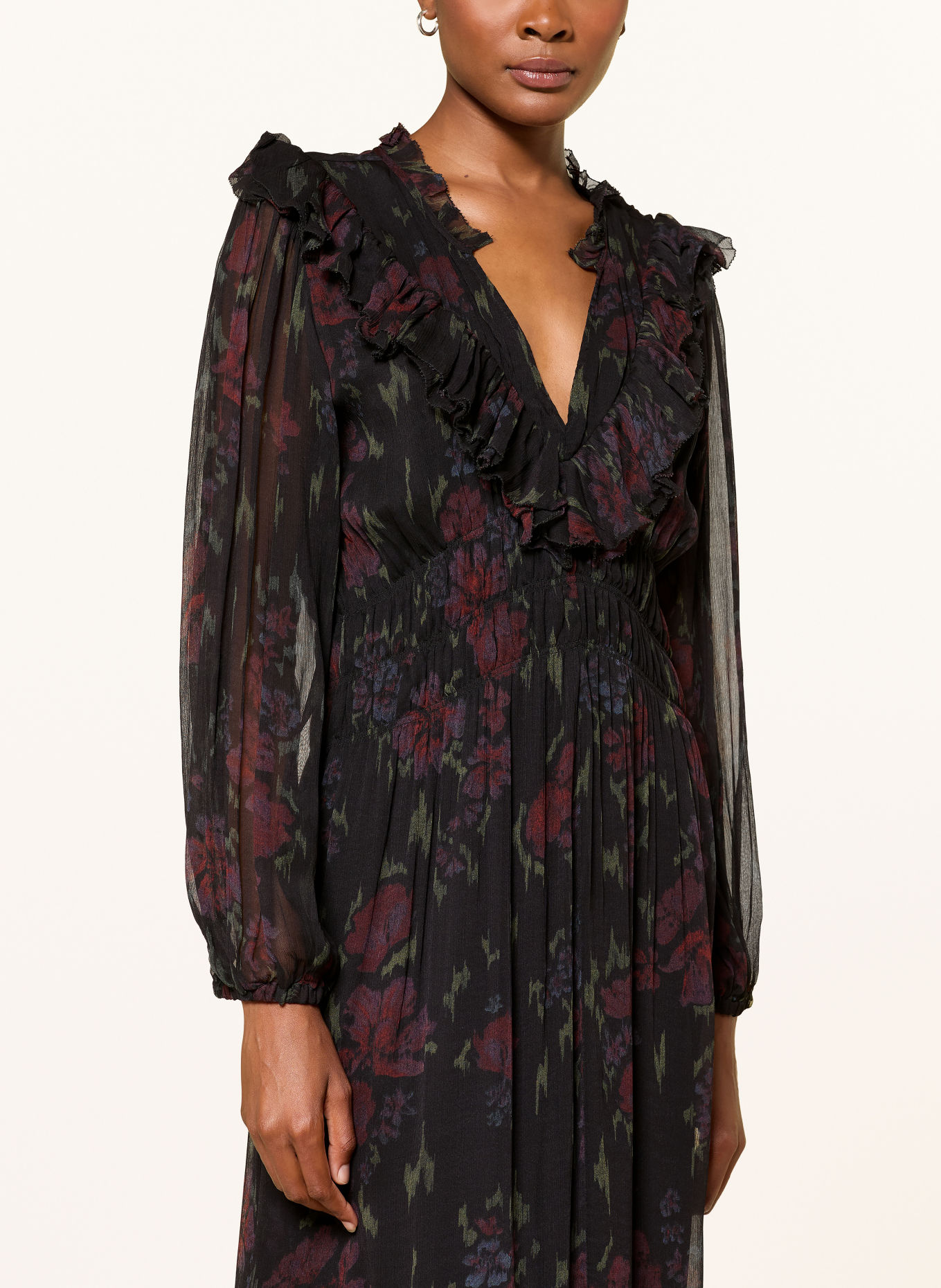 ba&sh Kleid DOVA mit Rüschen: SCHWARZ / DUNKELROT / GRÜN