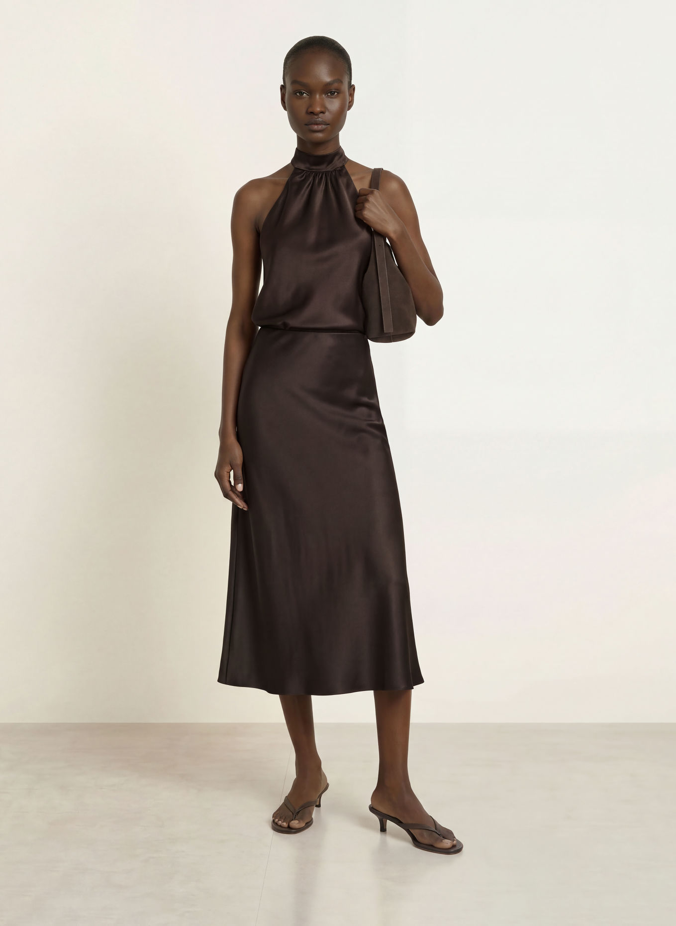 SERENITY AURA Satin Skirt, made of silk: DARK BROWN