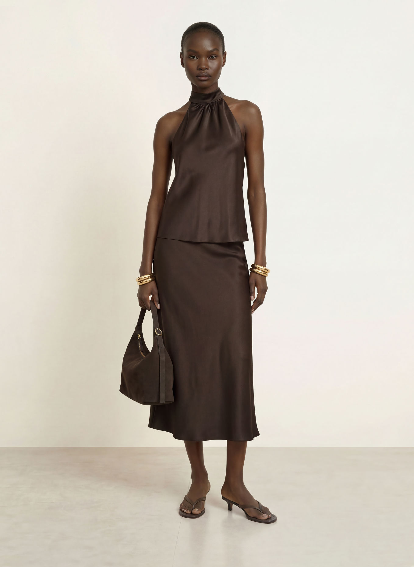 SERENITY AMORE Satin Top, made of silk: DARK BROWN