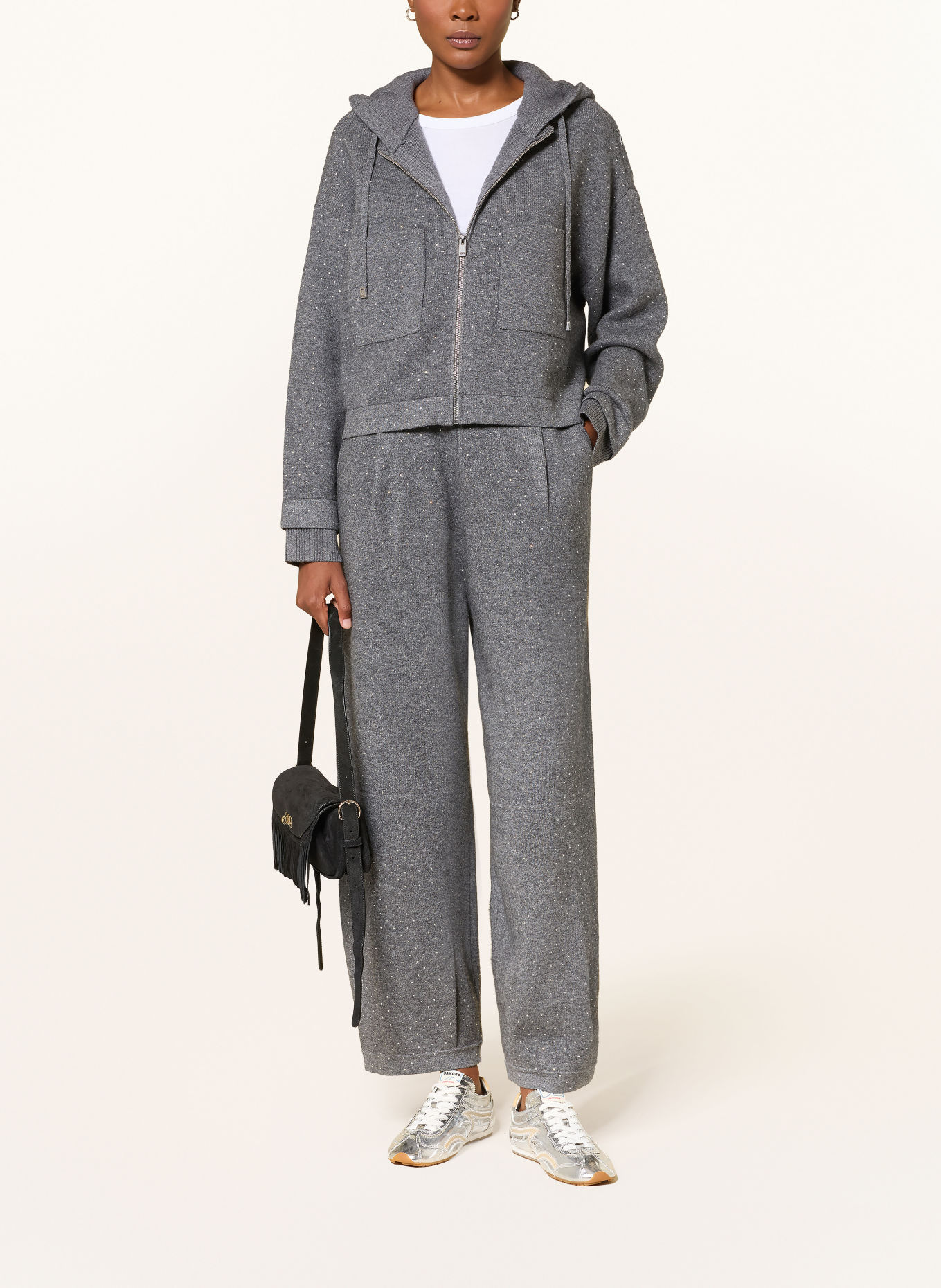 SANDRO Strickhose mit Schmucksteinen: GRAU