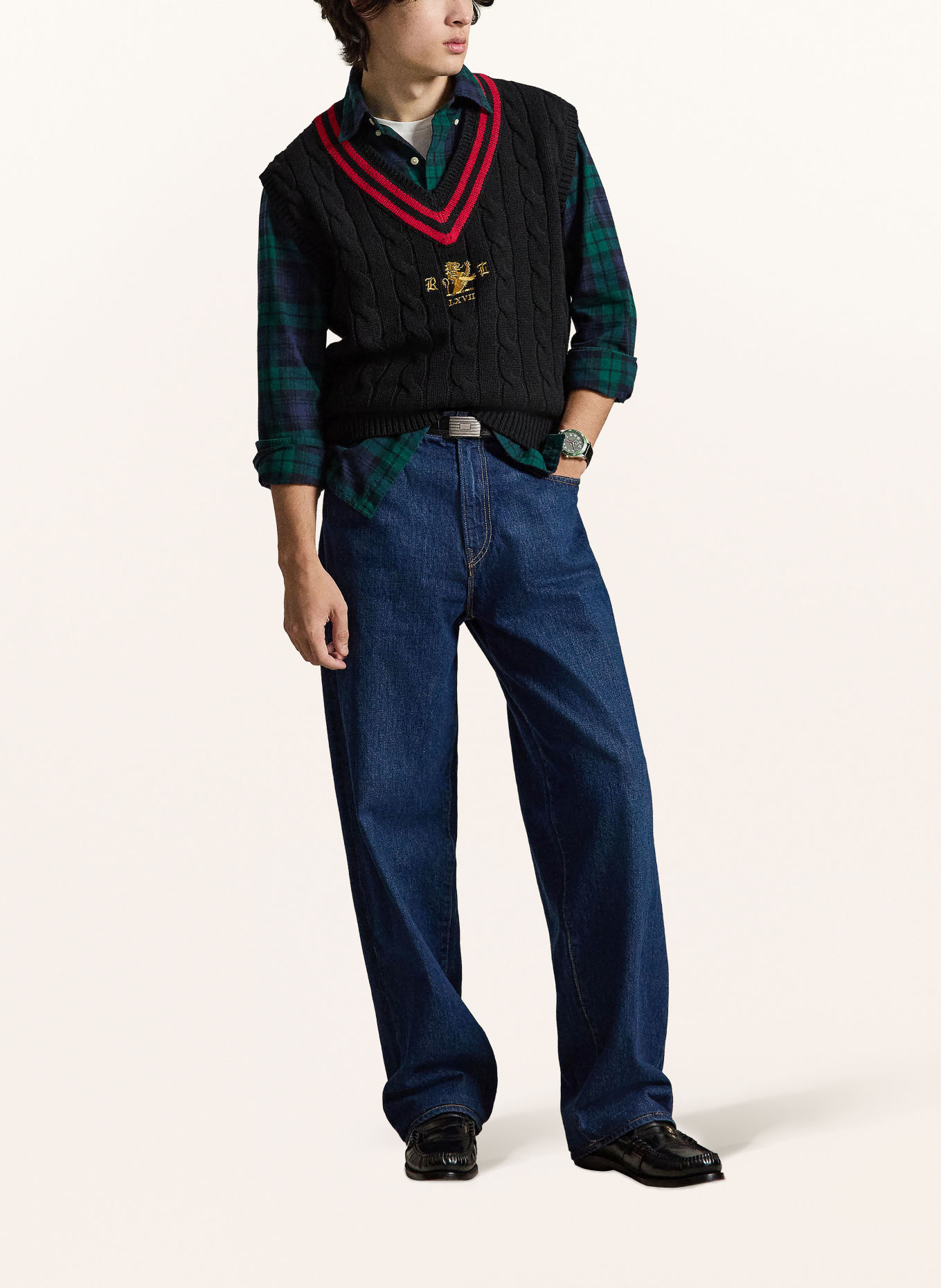POLO RALPH LAUREN Pullunder Relaxed Fit: SCHWARZ / GOLD / DUNKELROT