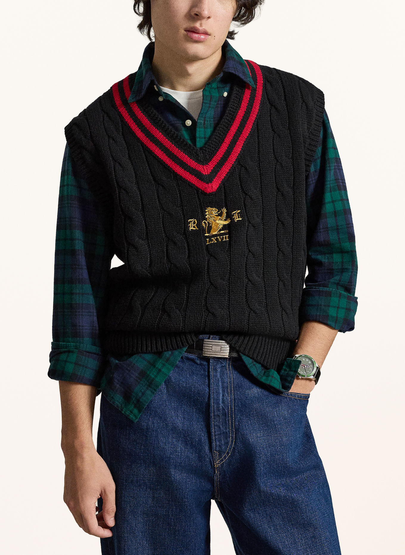 POLO RALPH LAUREN Pullunder Relaxed Fit: SCHWARZ / GOLD / DUNKELROT