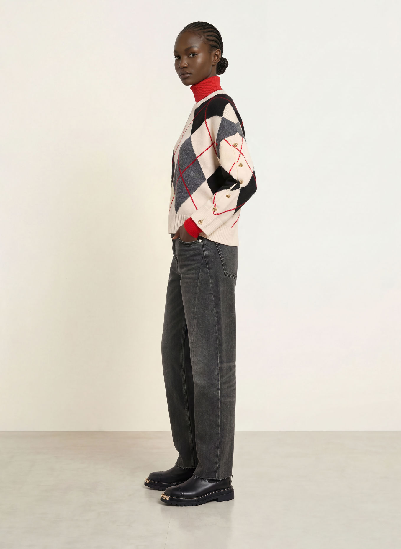 SANDRO Pullover: SCHWARZ / ECRU / ROT