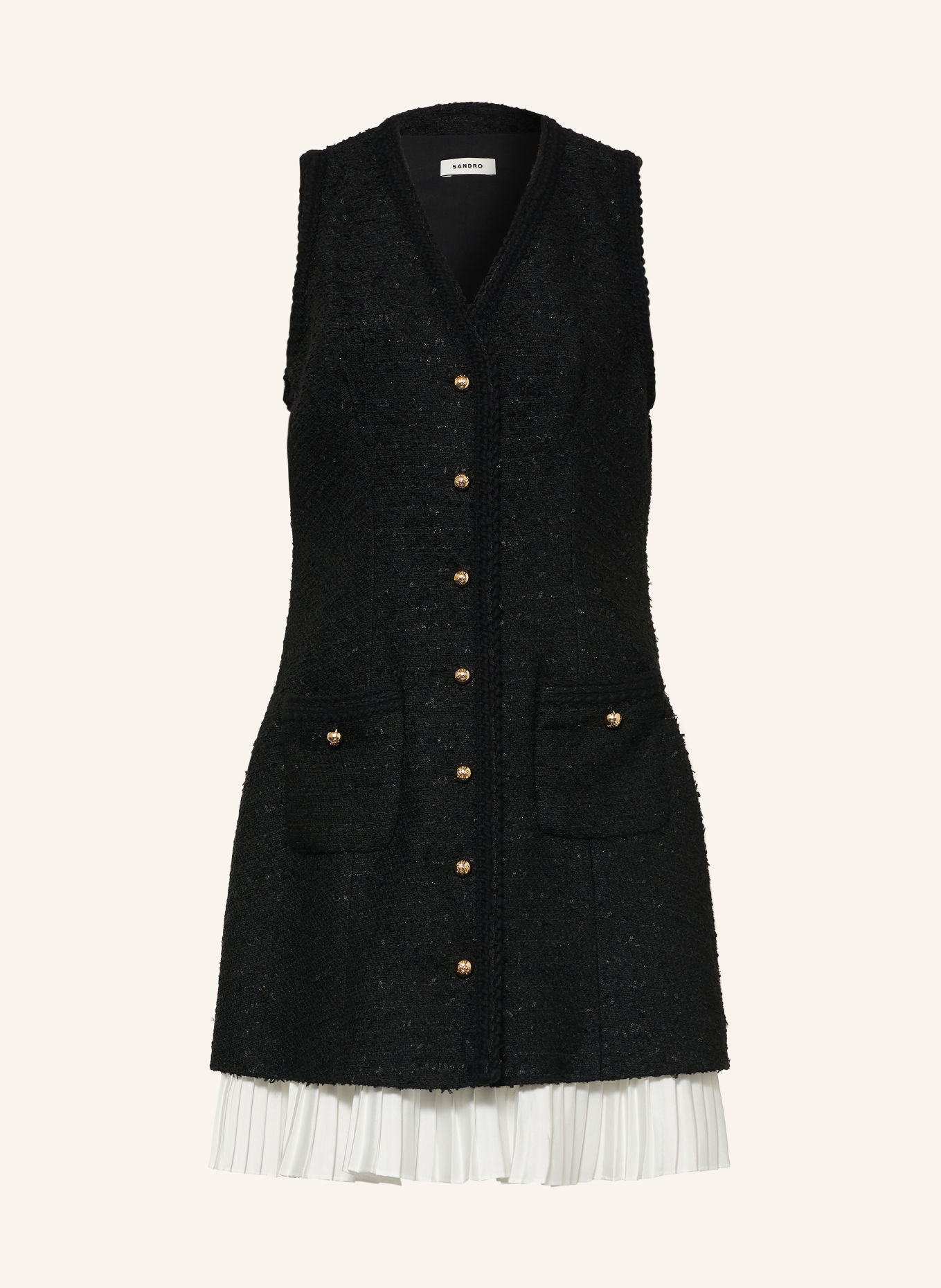 SANDRO Bouclé-Kleid im Materialmix: SCHWARZ / WEISS