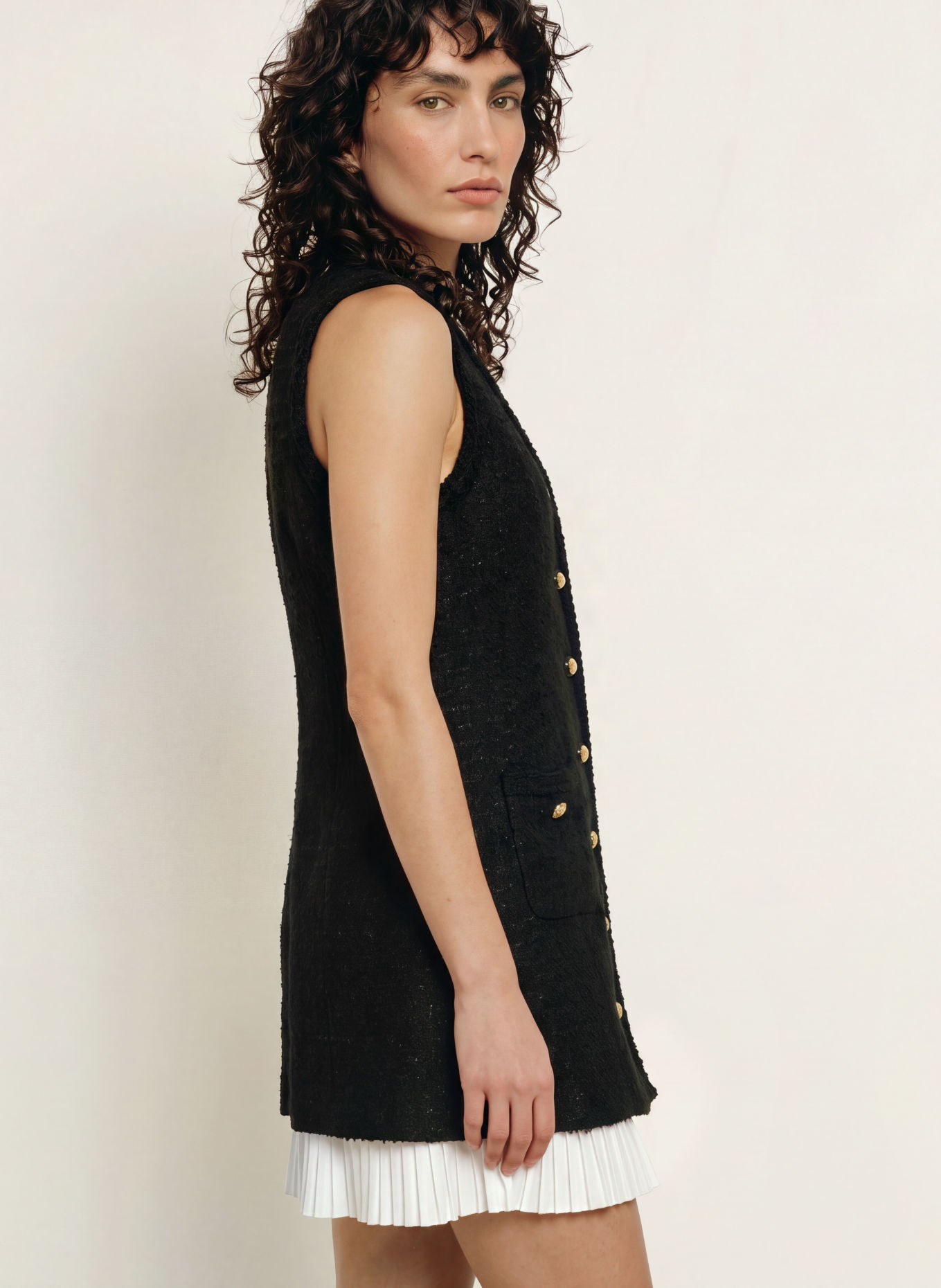 SANDRO Bouclé-Kleid im Materialmix: SCHWARZ / WEISS
