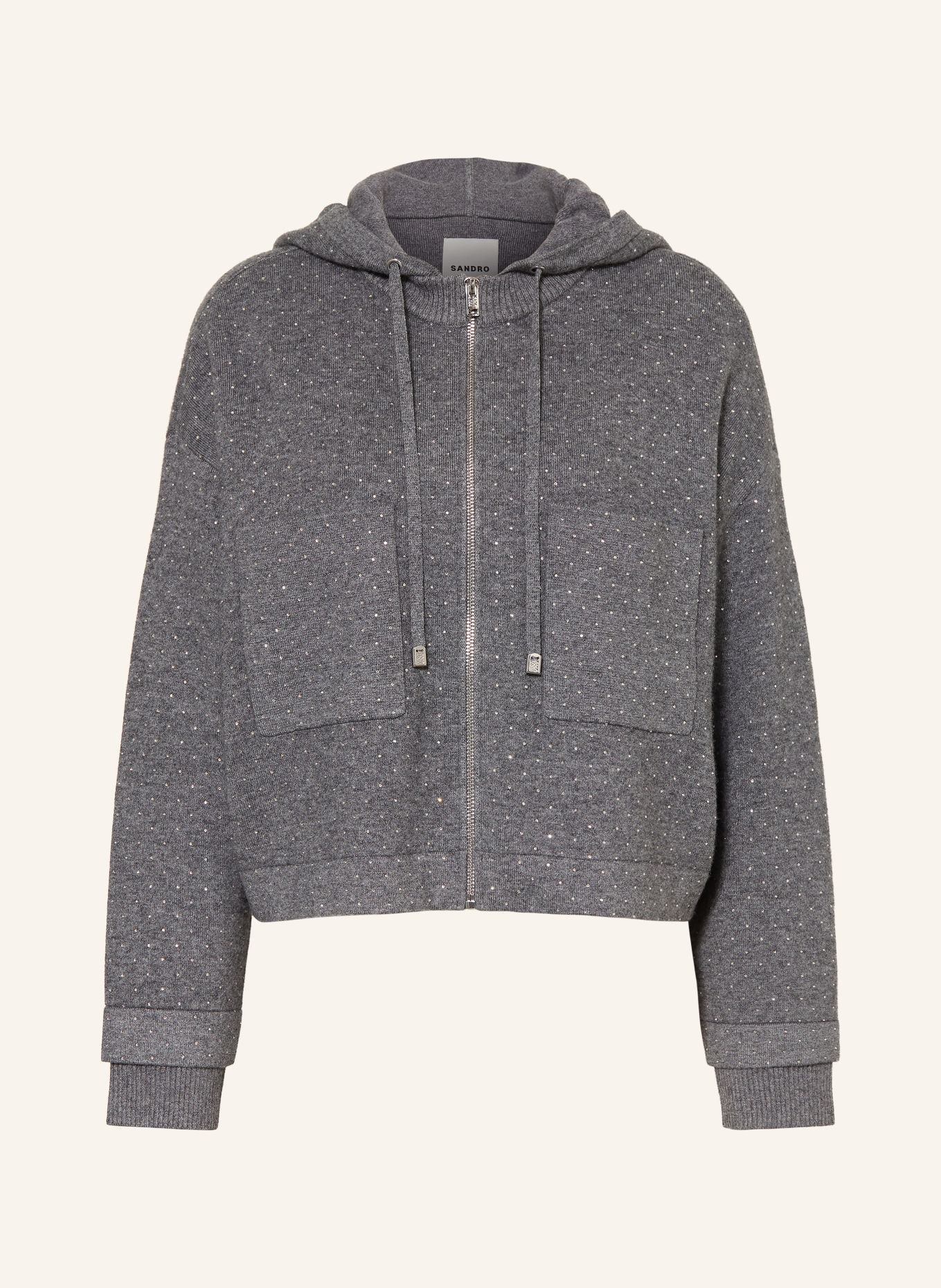 SANDRO Strickjacke mit Schmucksteinen: GRAU