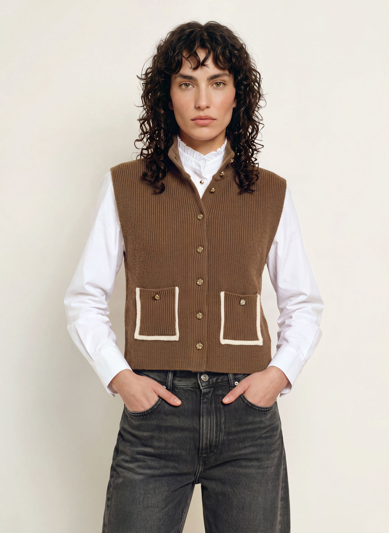 SANDRO Strickweste: TAUPE / ECRU