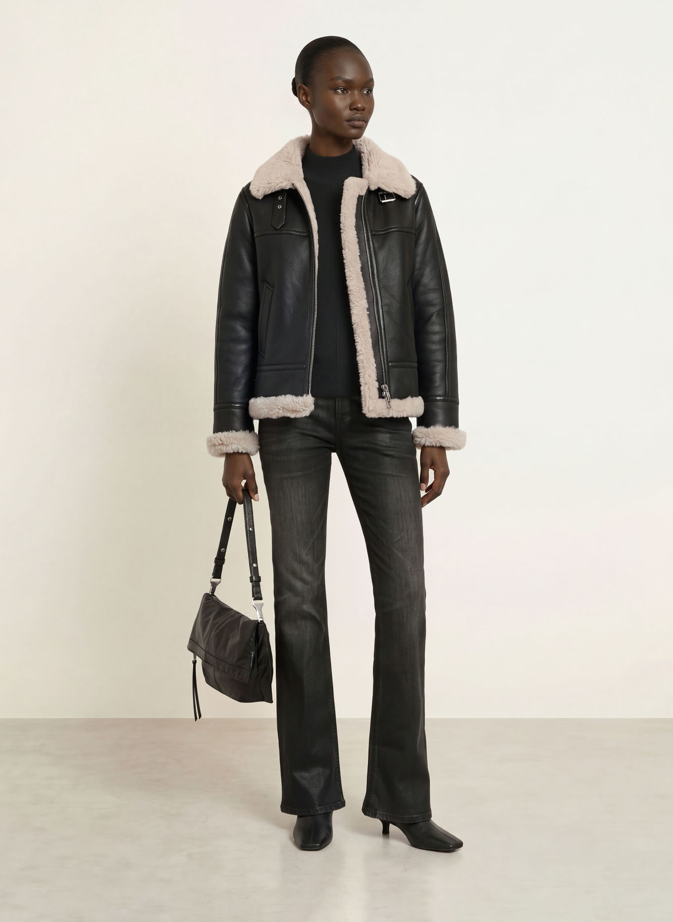 ALLSAINTS Lederjacke LENNOX: SCHWARZ / CREME