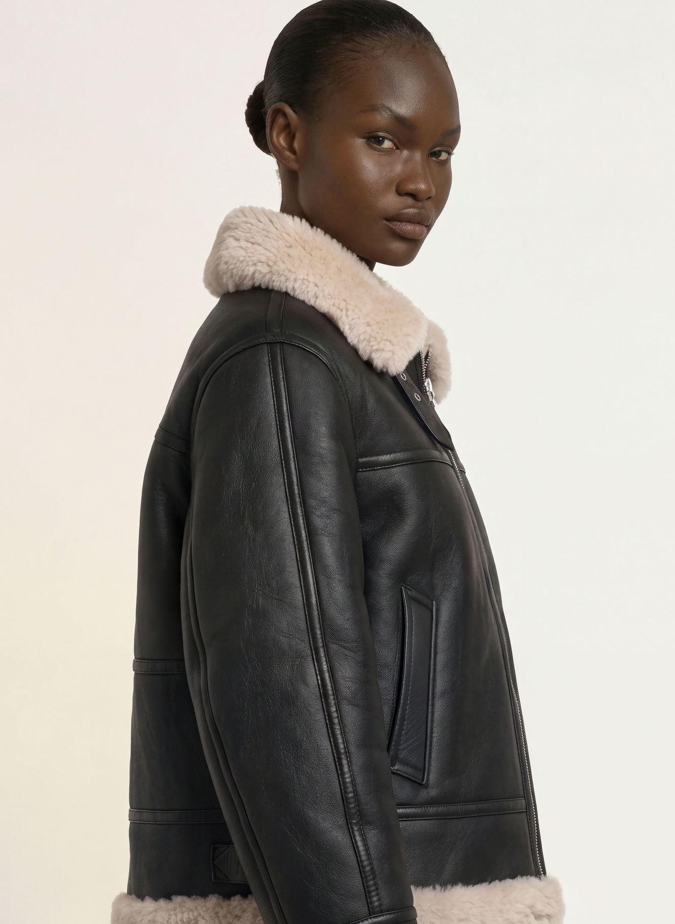 ALLSAINTS Lederjacke LENNOX: SCHWARZ / CREME