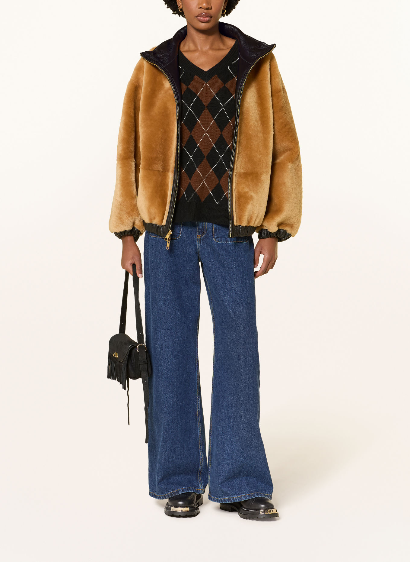 SANDRO Lederblouson zum Wenden: SCHWARZ / COGNAC