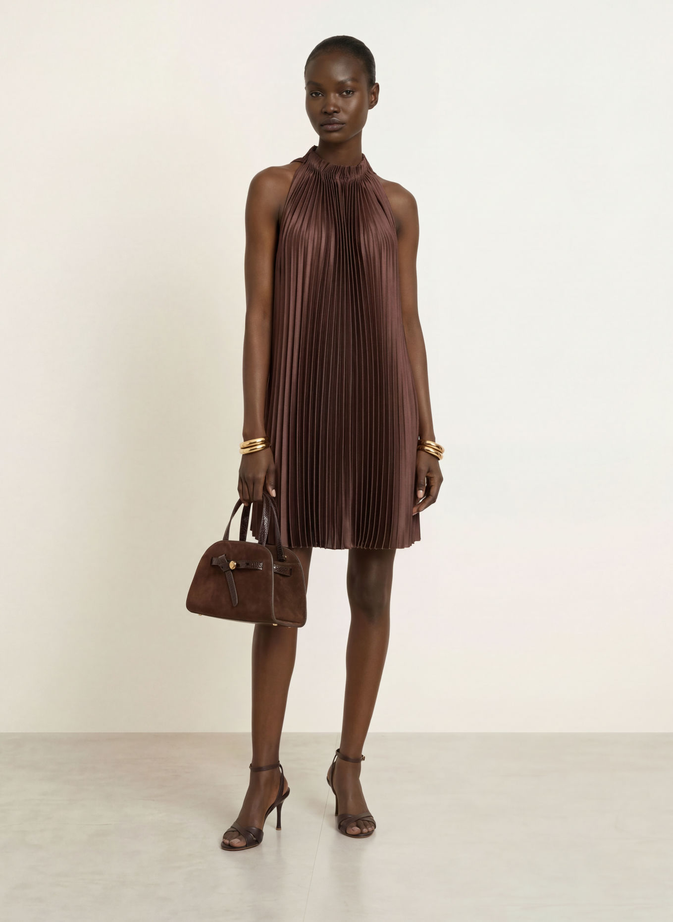 REISS ASTRID Pleated Dress: DARK BROWN