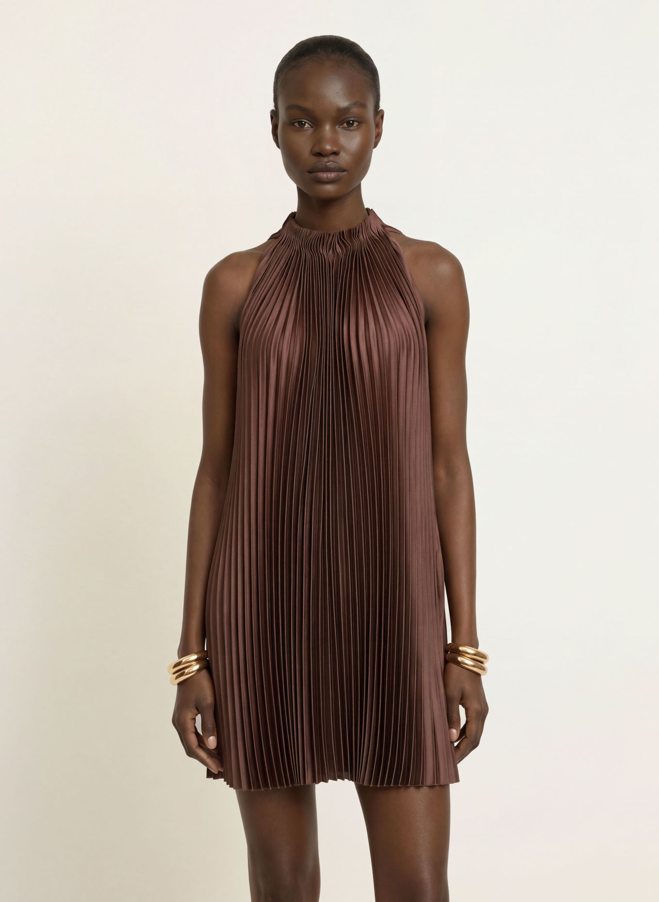REISS ASTRID Pleated Dress: DARK BROWN