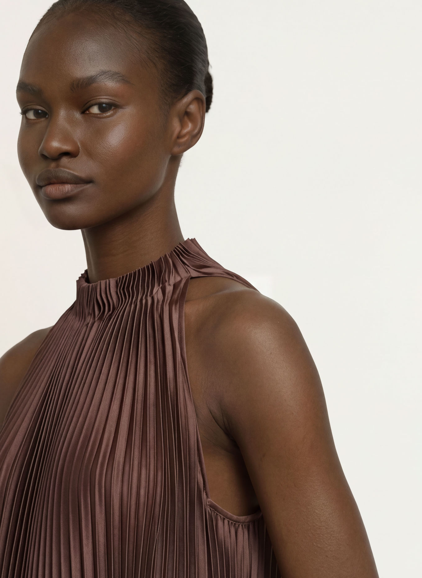 REISS ASTRID Pleated Dress: DARK BROWN