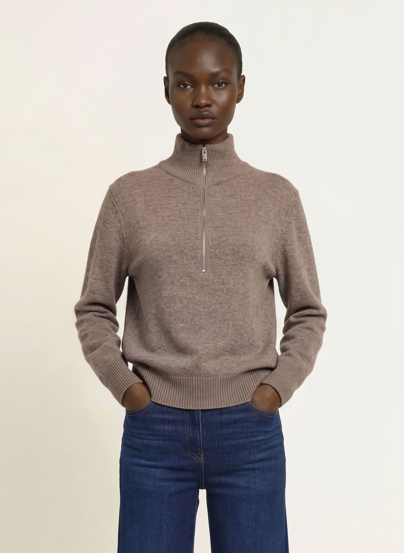 REISS Pull col zippé SAFFRON: MARRON