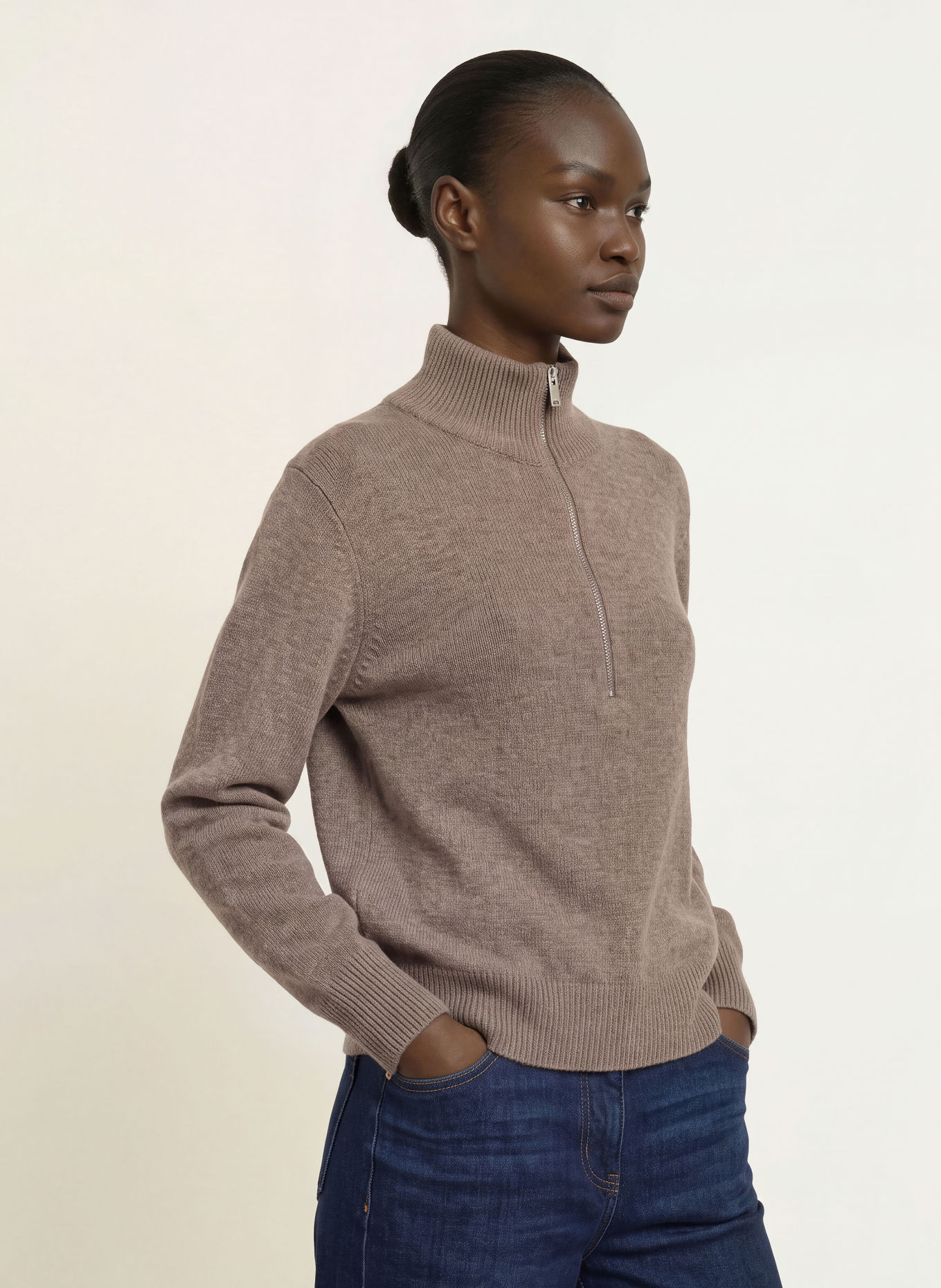 REISS Pull col zippé SAFFRON: MARRON