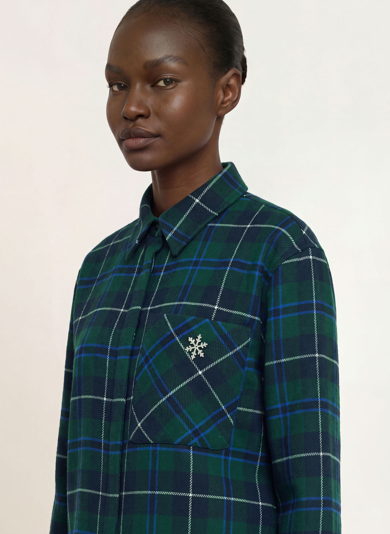 maje Hemdbluse aus Flanell mit Schmucksteinen: DUNKELGRÜN / BLAU / WEISS