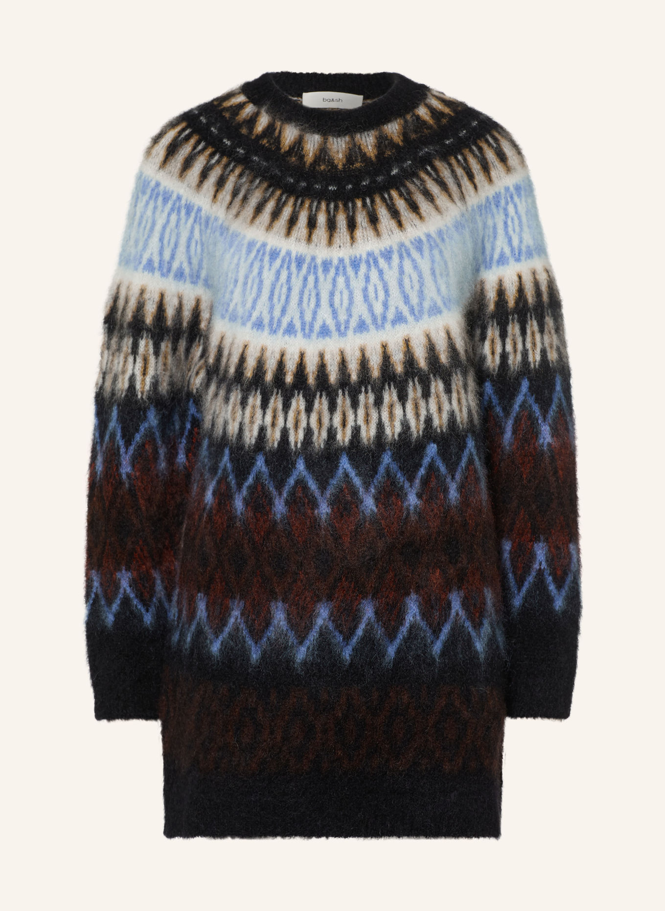 ba&sh Stickad klänning FOLK med mohair: SVART / LJUSBLÅ / VIT