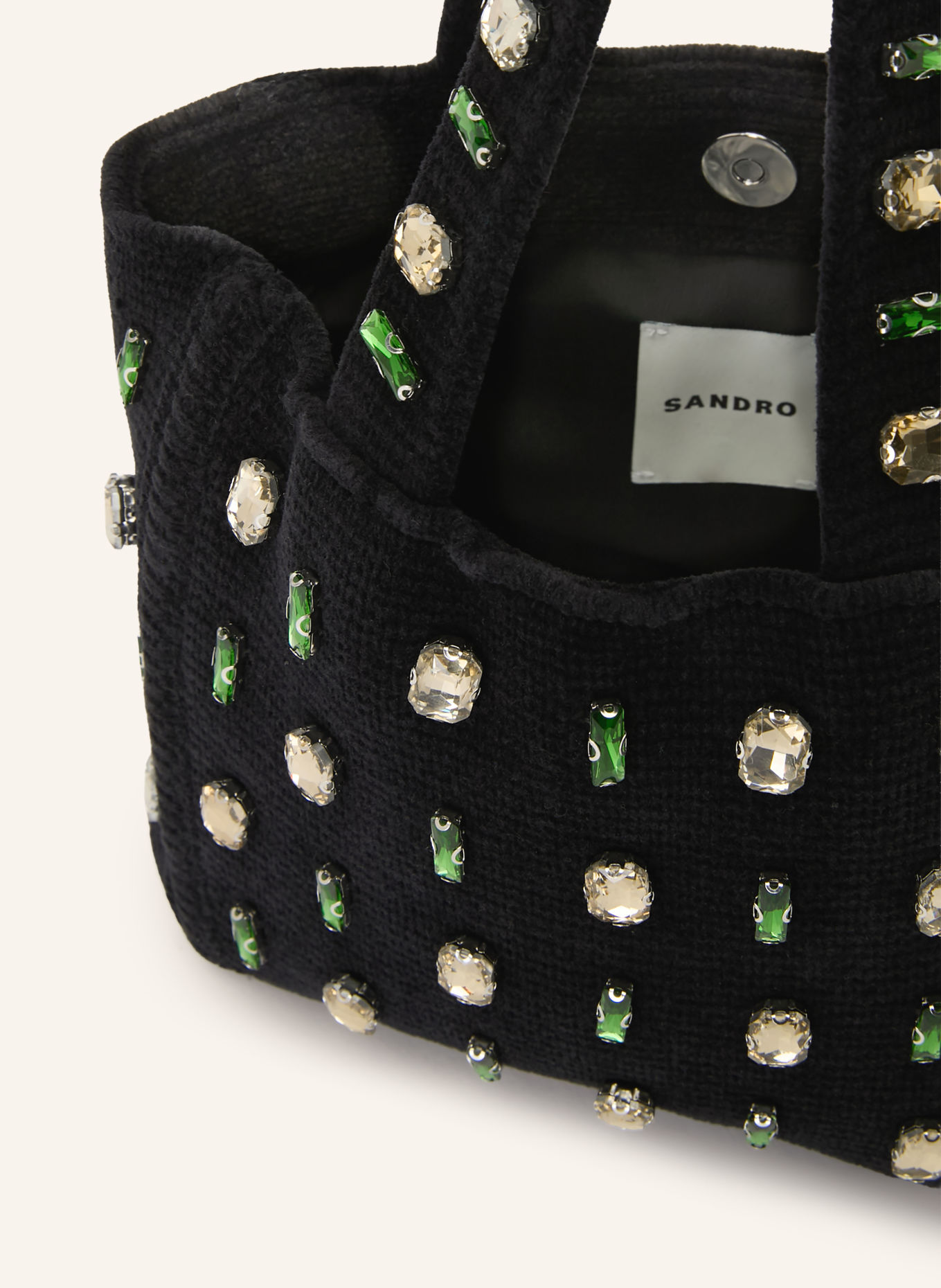 SANDRO Handtasche mit Schmucksteinen: SCHWARZ / HELLBRAUN / GRÜN