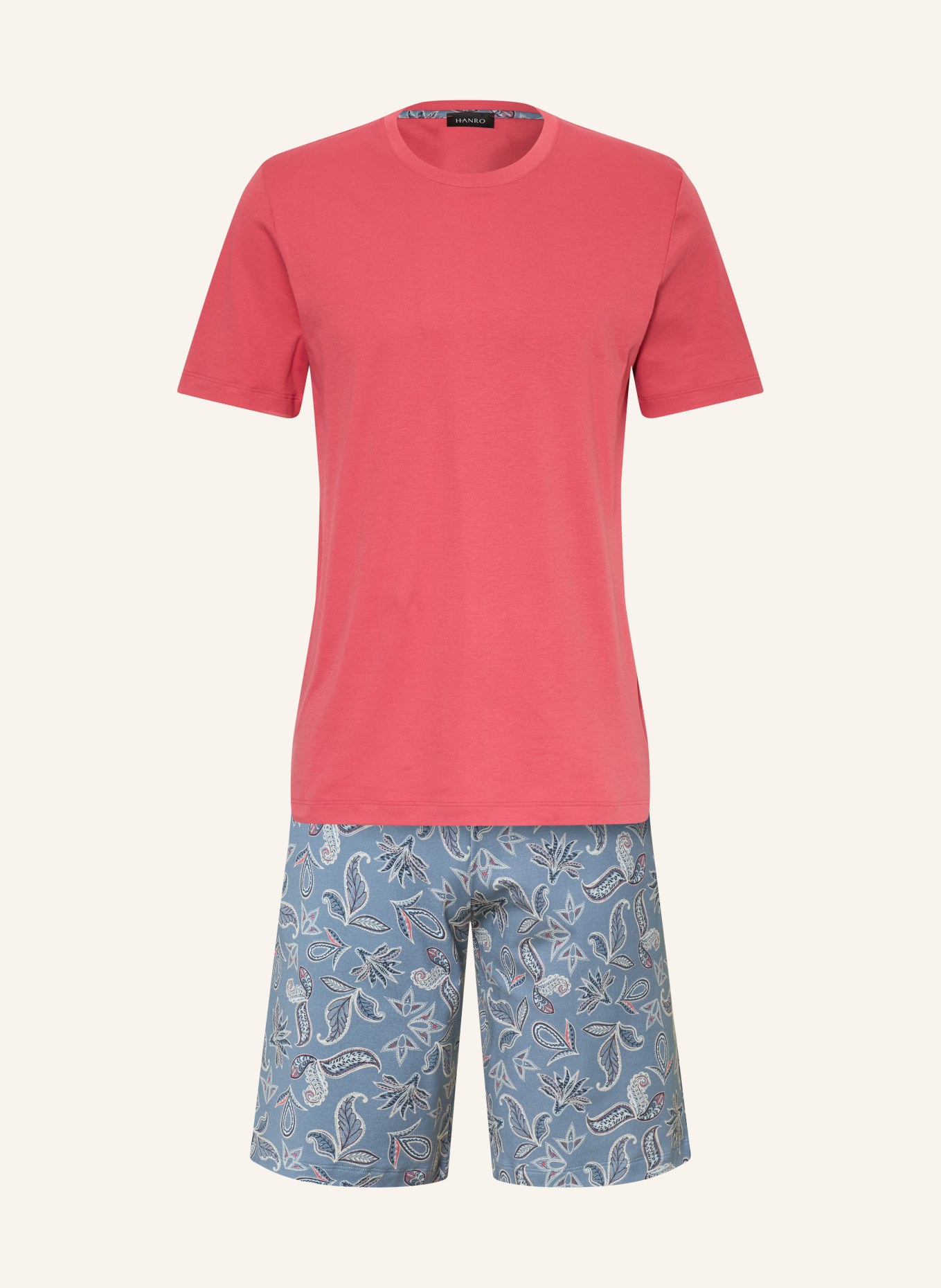 HANRO Piżama z szortami NIGHT & DAY: CIEMNOCZERWONY / SZARONIEBIESKI / JASNONIEBIESKI