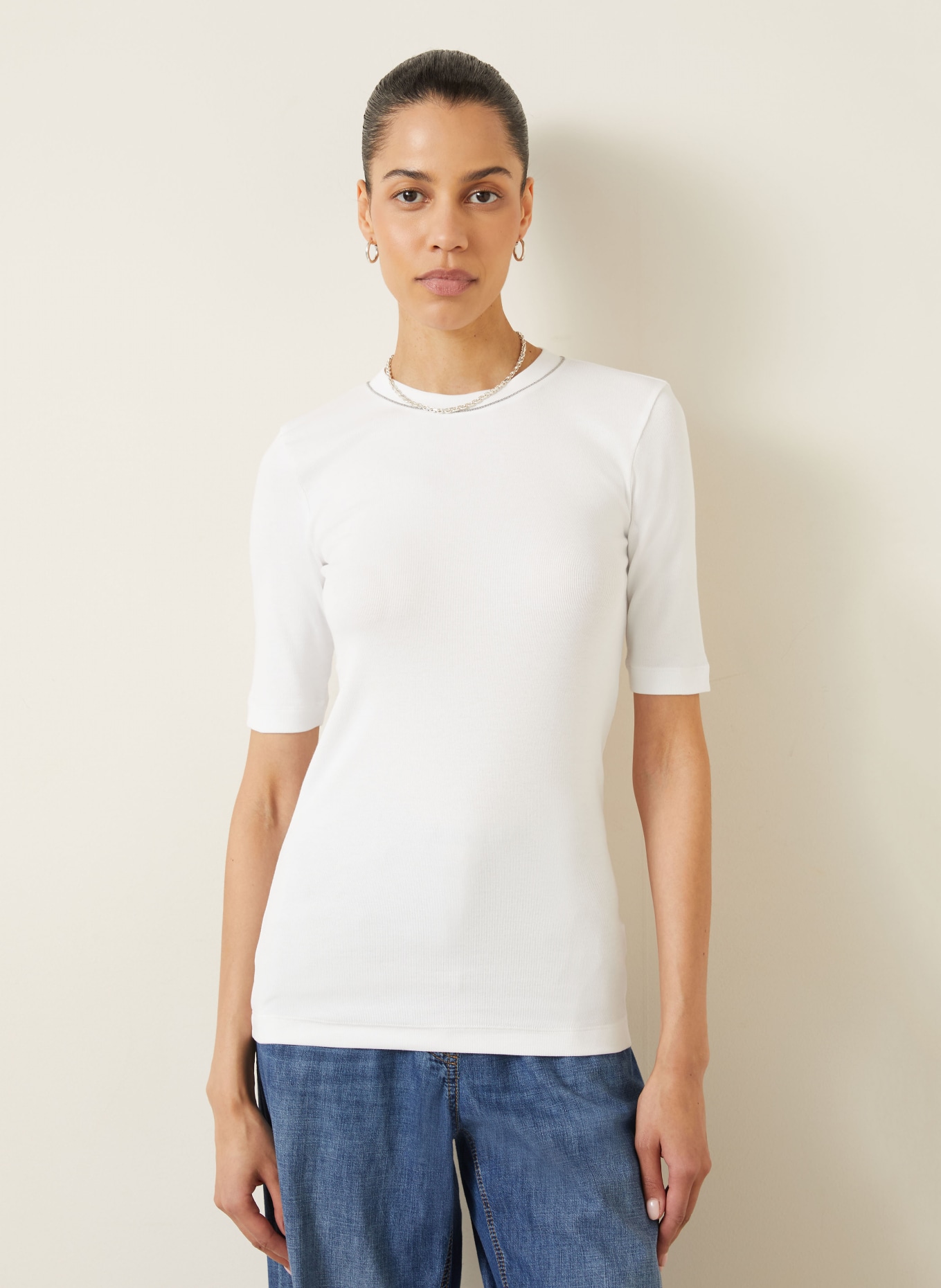 BRUNELLO CUCINELLI Strickshirt mit Perlenbesatz: WEISS / SILBER