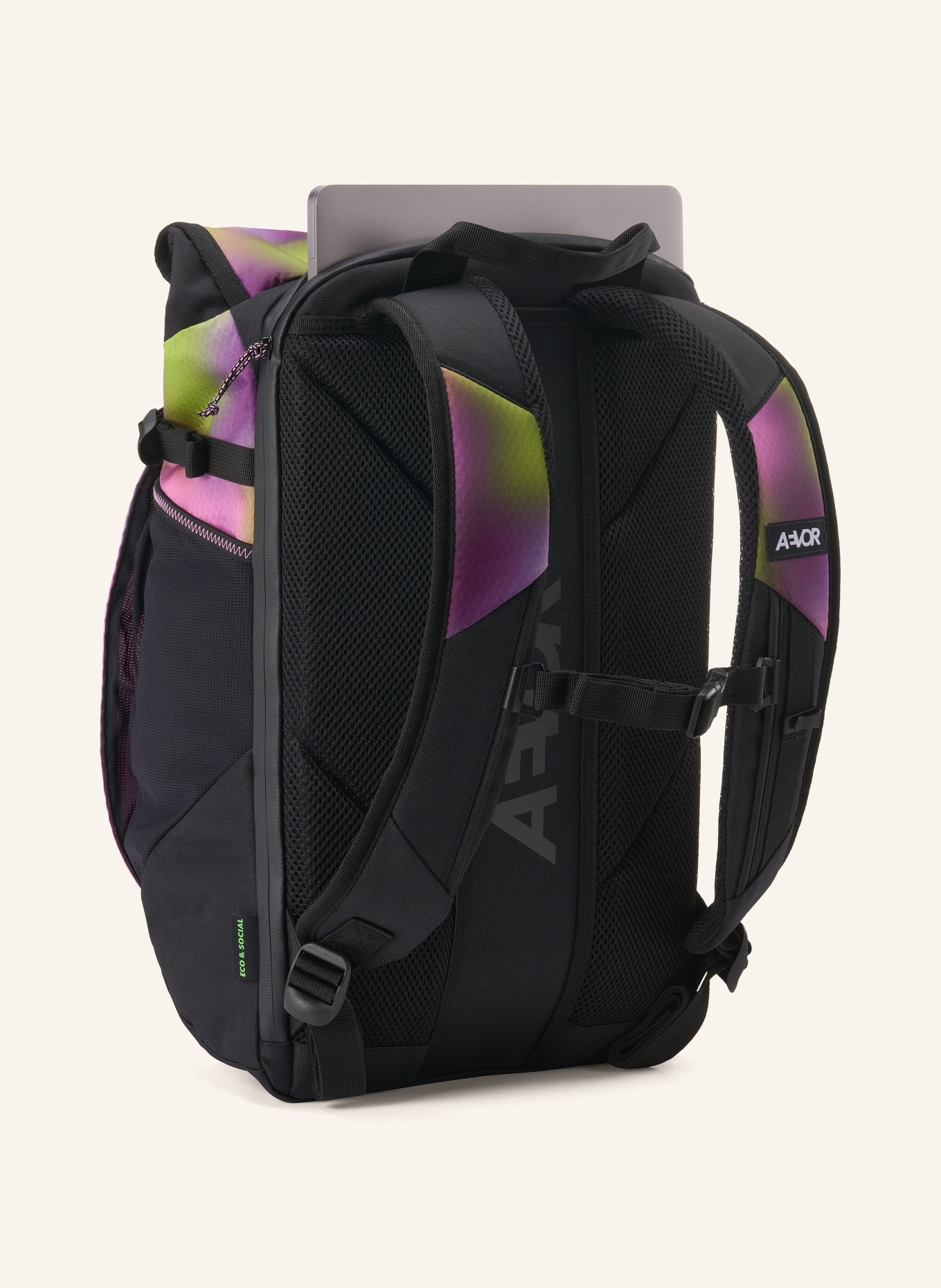 AEVOR Backpack ROLL PACK 20 l with laptop compartment: BLACK / PURPLE / NEON GREEN