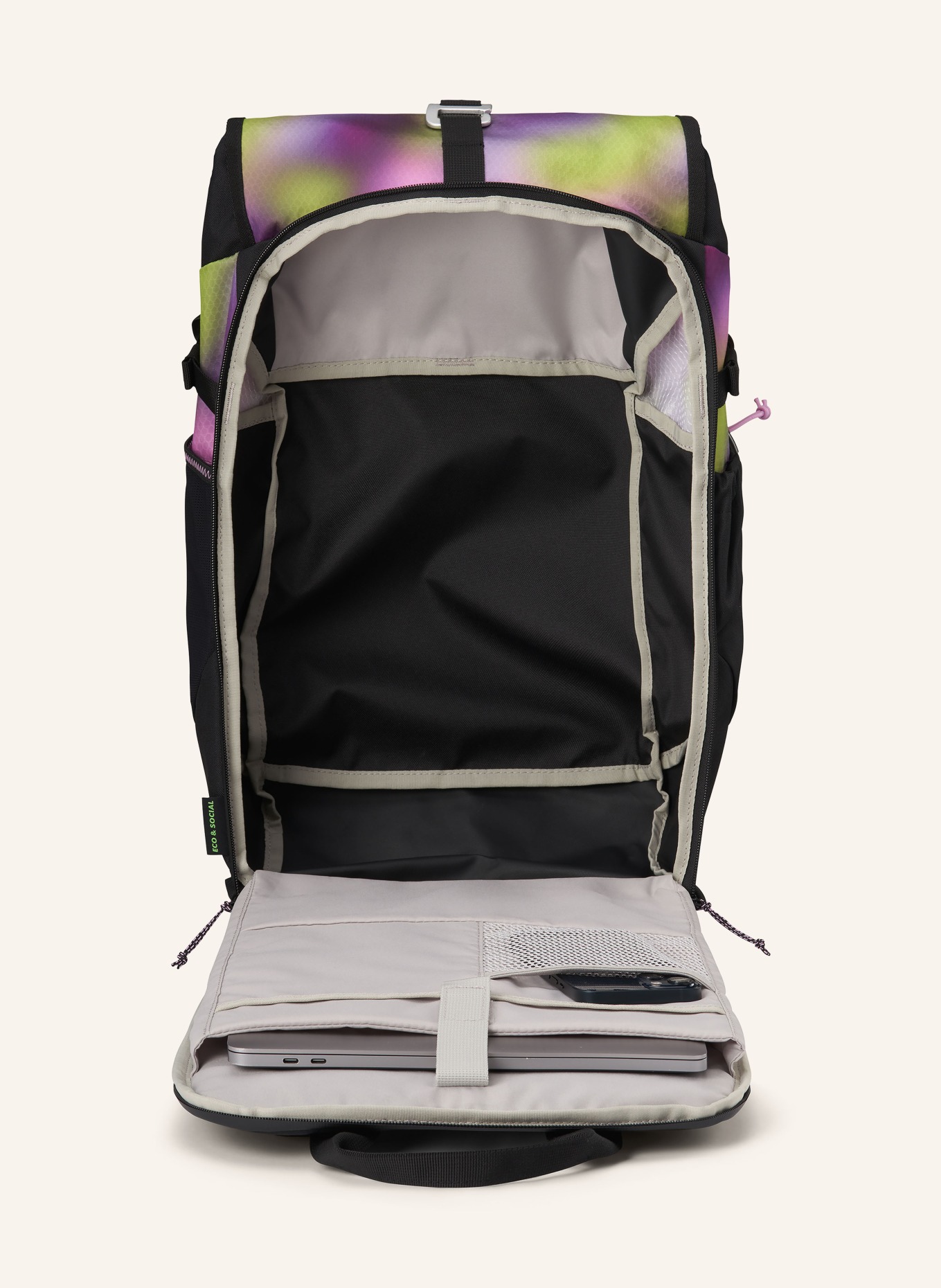 AEVOR Backpack ROLL PACK 20 l with laptop compartment: BLACK / PURPLE / NEON GREEN
