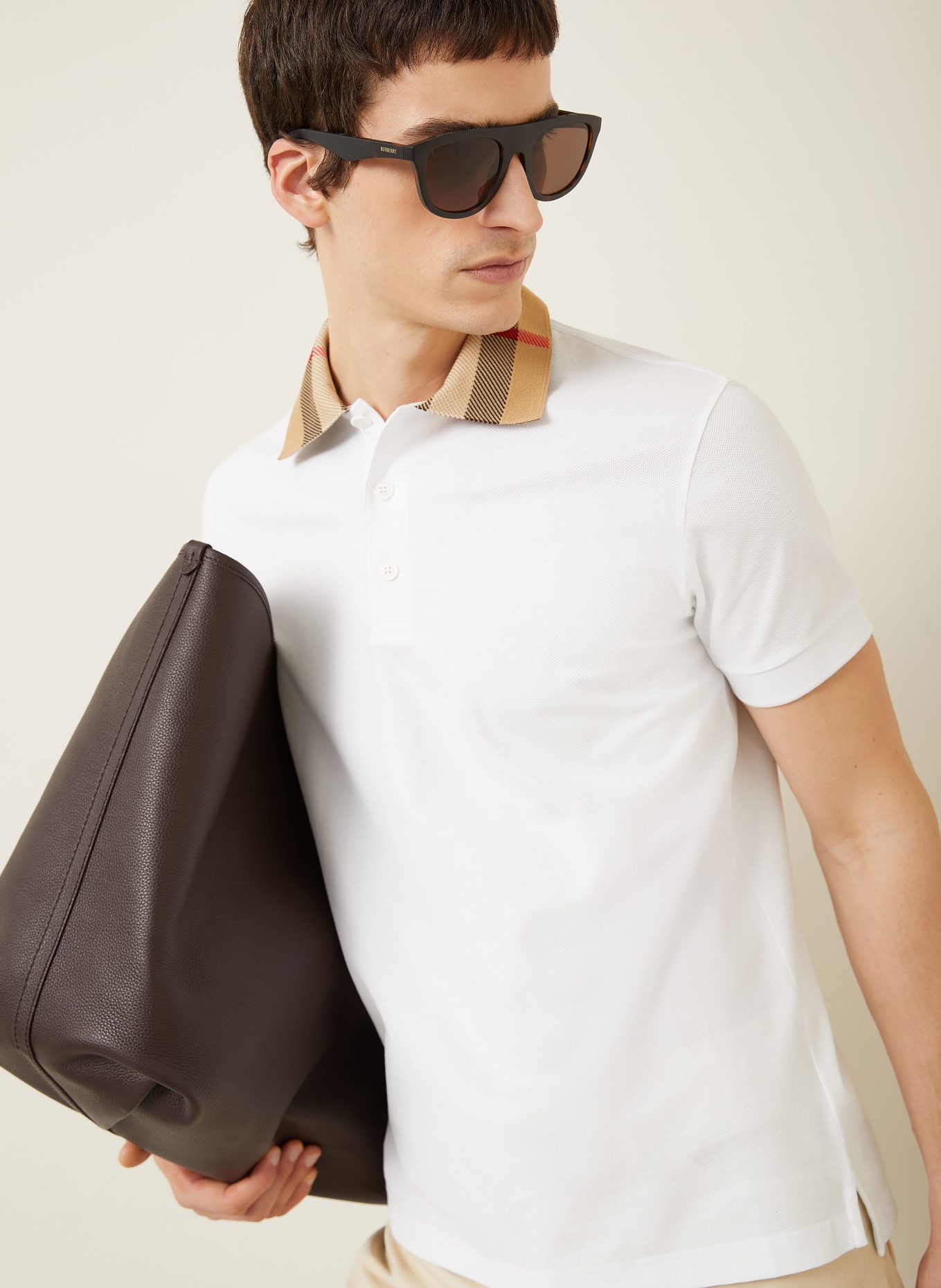 BURBERRY Polo piqué CODY: BLANC / COGNAC / NOIR