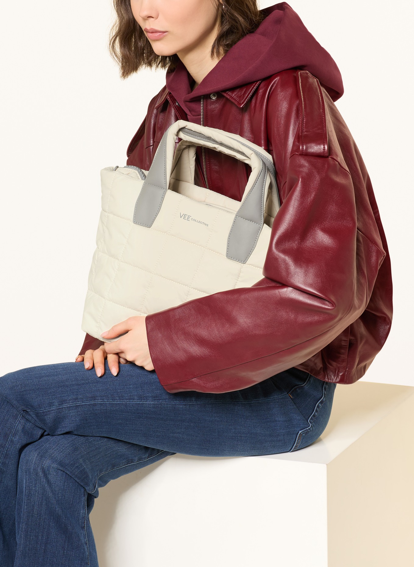 Vee Collective Shopper PORTER TOTE SMALL with pouch: CREAM / LIGHT GRAY