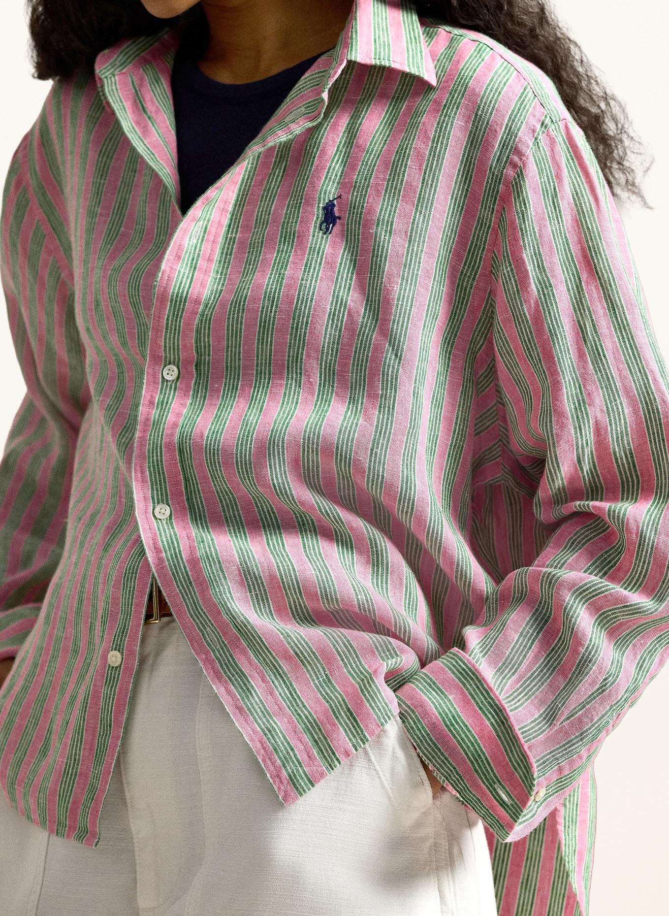 POLO RALPH LAUREN Hemdbluse aus Leinen: ROSA / GRÜN / WEISS