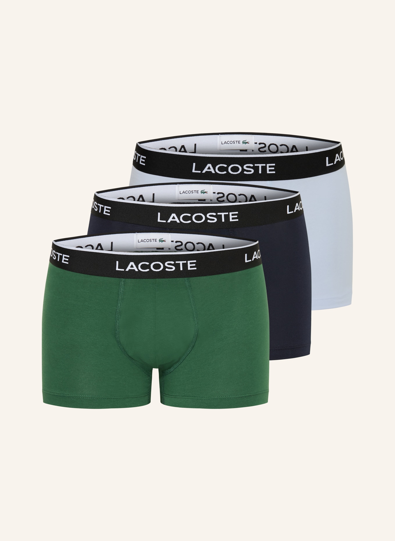 LACOSTE 3er-Pack Boxershorts: DUNKELBLAU / GRÜN / HELLBLAU