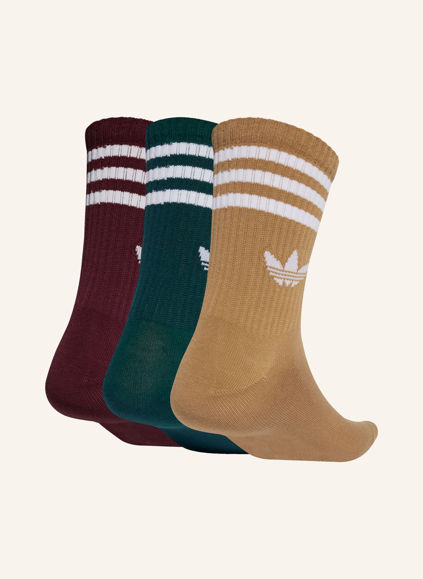 adidas Originals Ponožky 3-STRIPES CREW, 3 páry v balení: TMAVĚ ČERVENÁ / VELBLOUDÍ / TMAVĚ ZELENÁ