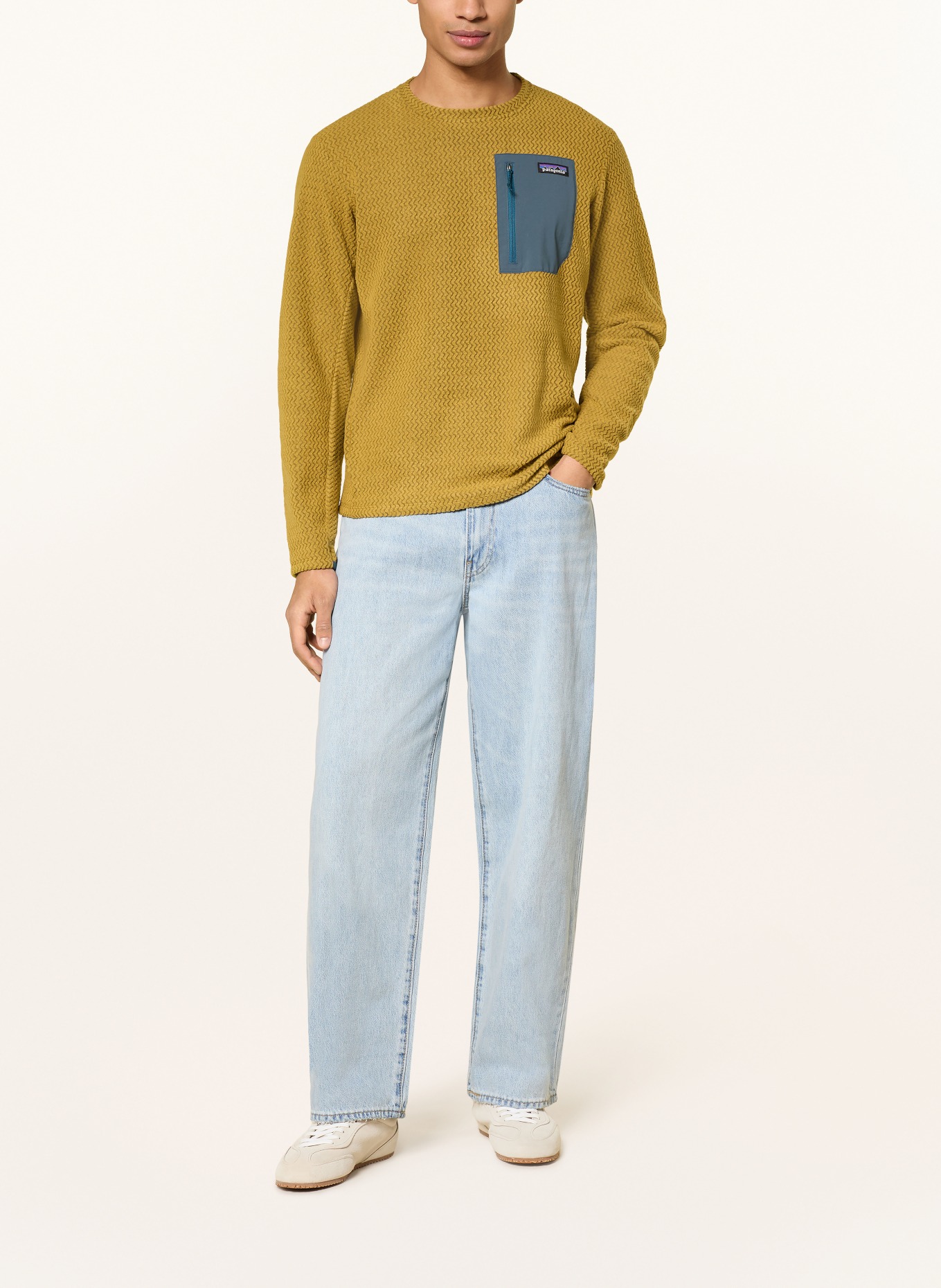 patagonia Fleecepullover R1® AIR: DONKERGEEL / PETROL