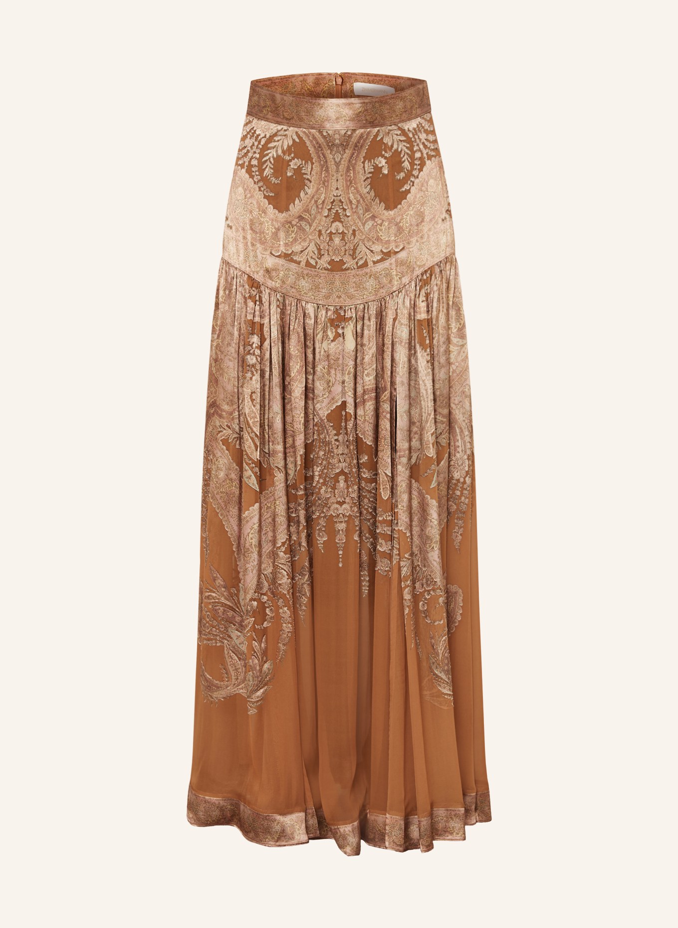 ZIMMERMANN MEMENTO silk skirt with ruffles: COGNAC / BROWN / BEIGE