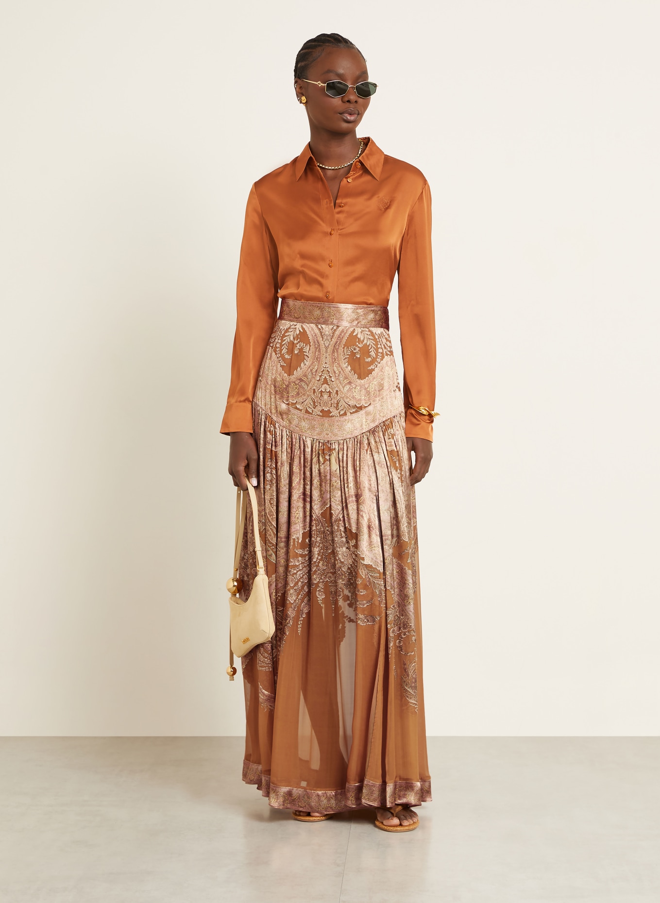 ZIMMERMANN MEMENTO silk skirt with ruffles: COGNAC / BROWN / BEIGE