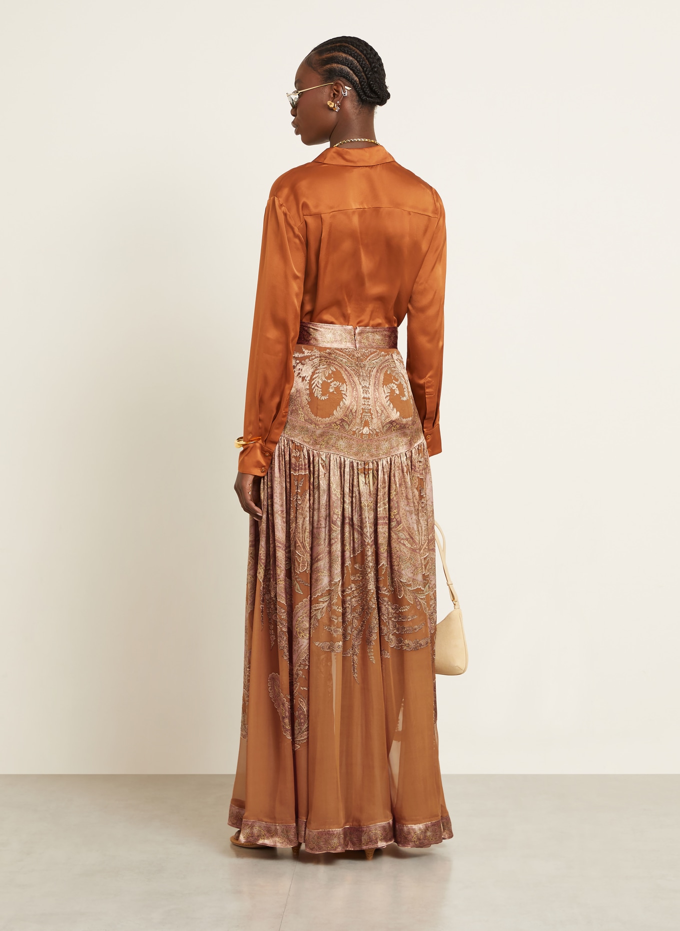 ZIMMERMANN MEMENTO silk skirt with ruffles: COGNAC / BROWN / BEIGE
