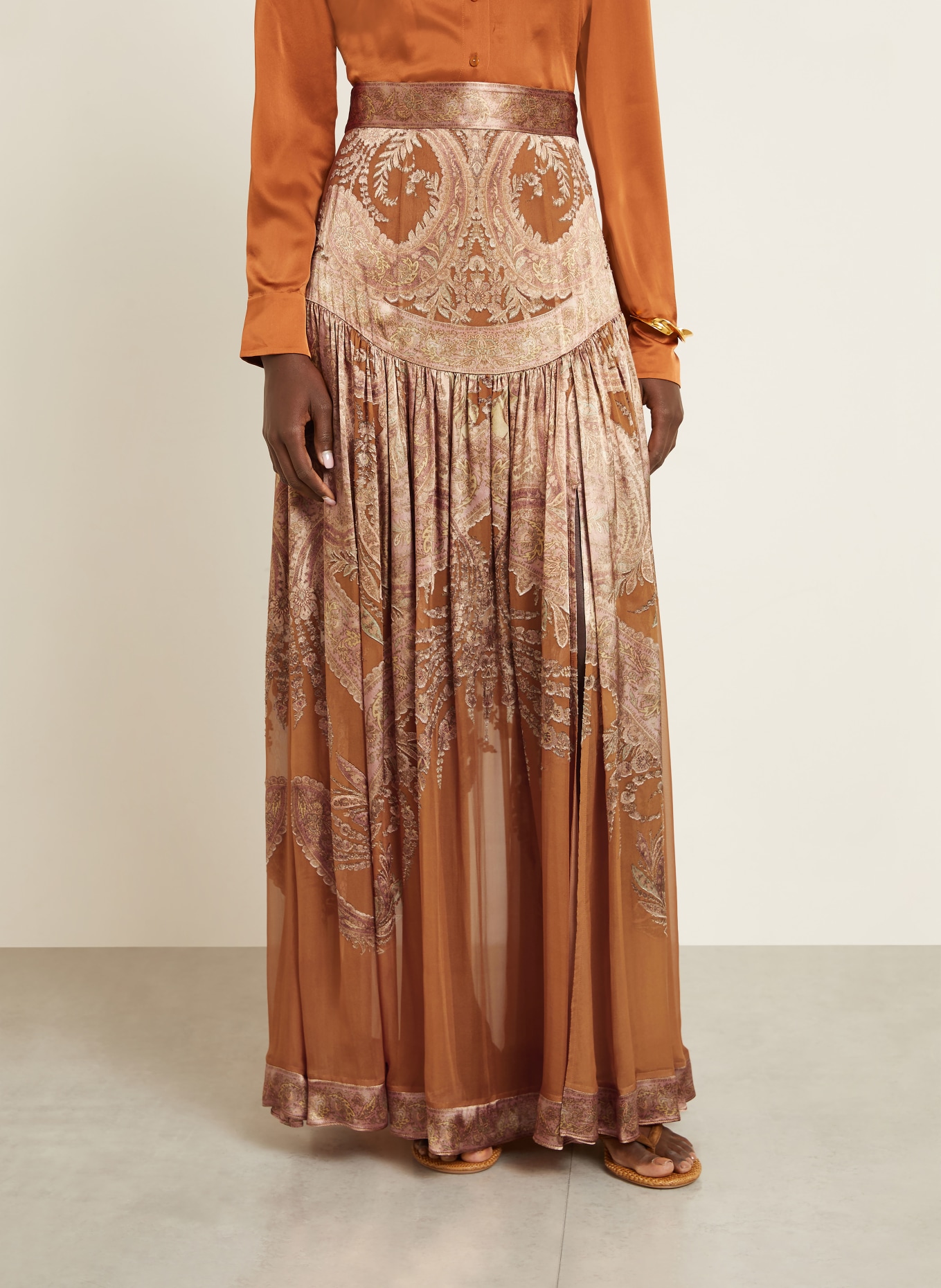 ZIMMERMANN MEMENTO silk skirt with ruffles: COGNAC / BROWN / BEIGE