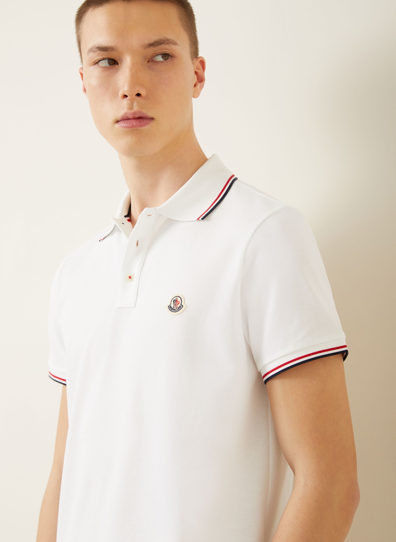 MONCLER Piqué-Poloshirt: WEISS / ROT / DUNKELBLAU