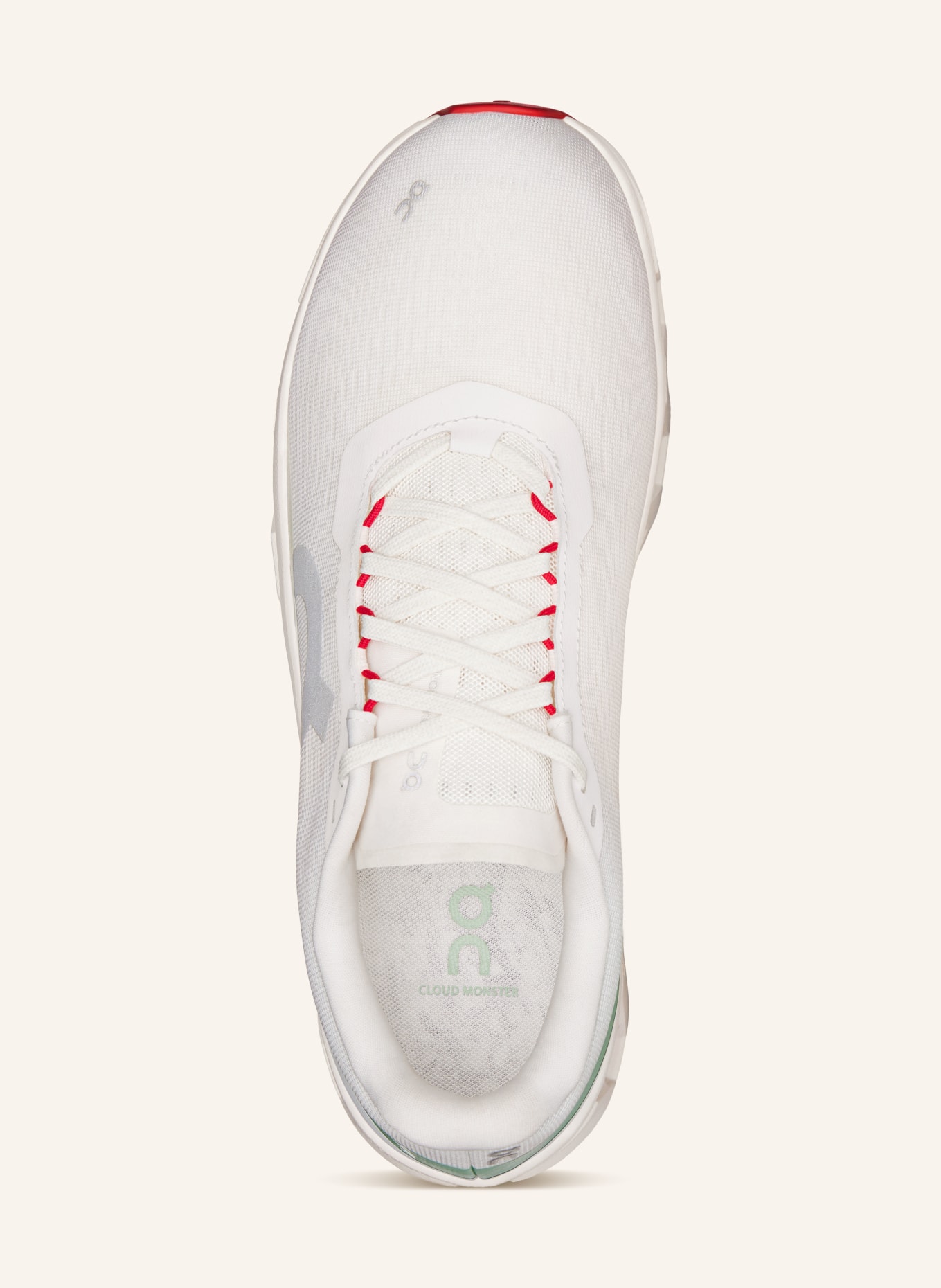 On CLOUDMONSTER 1 sneaker: WHITE / RED / LIGHT GREEN