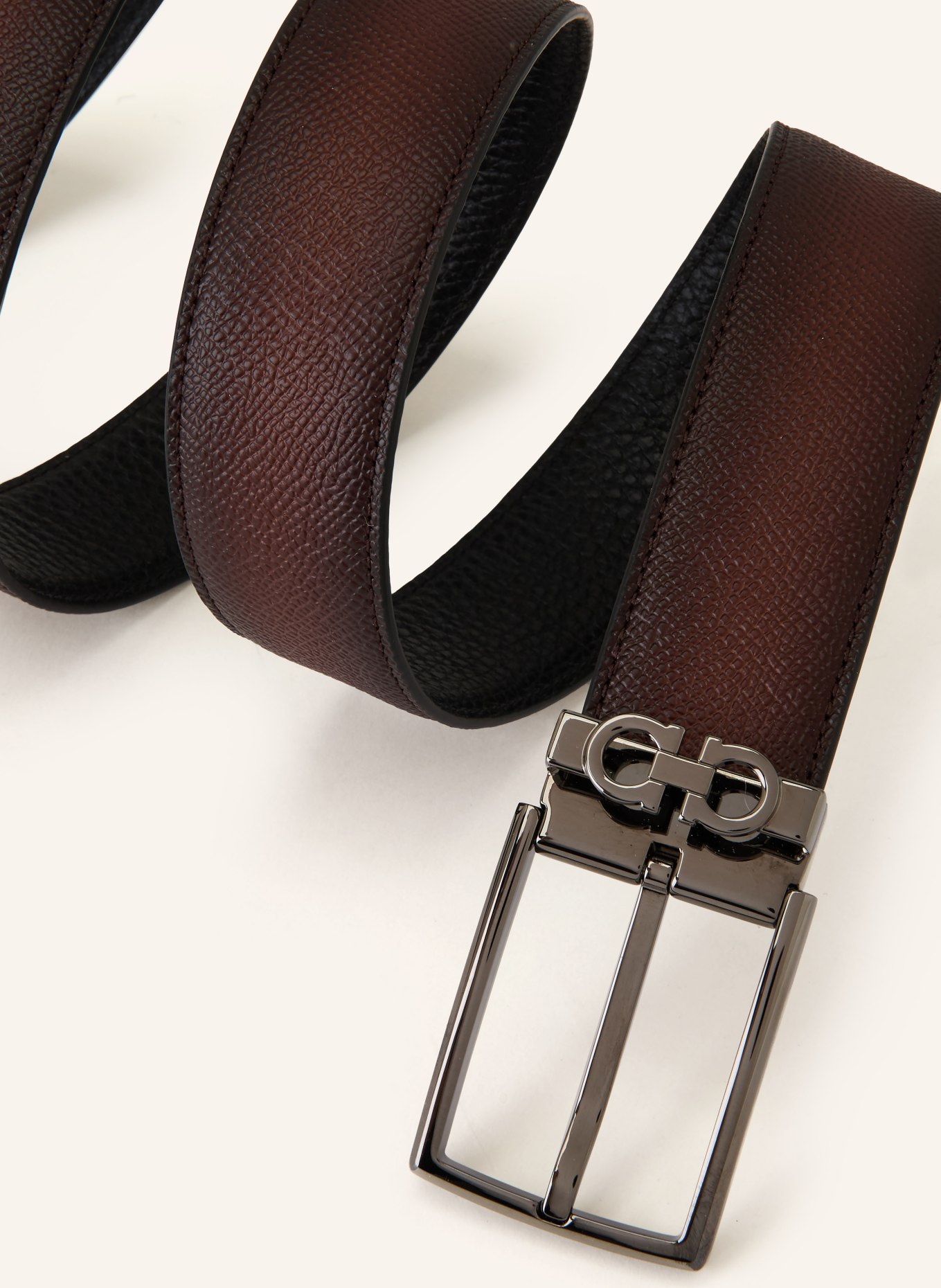 FERRAGAMO Ledergürtel: DUNKELBRAUN / PLATIN / SCHWARZ