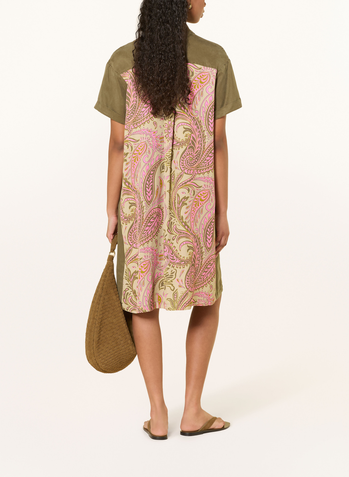 CATNOIR Košilové šaty z kombinace materiálů: KHAKI / RŮŽOVÁ / TMAVĚ ZELENÁ