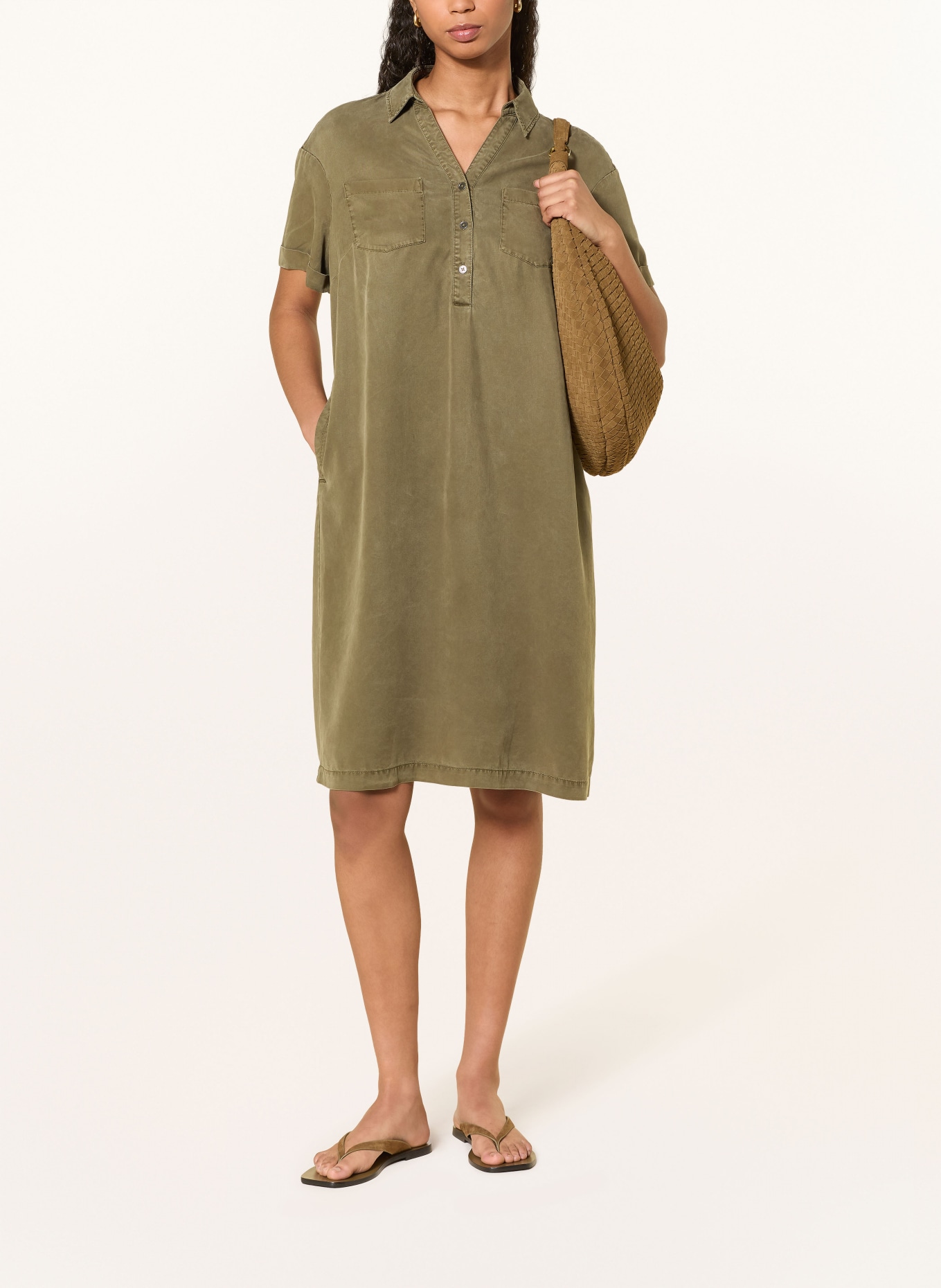 CATNOIR Košilové šaty z kombinace materiálů: KHAKI / RŮŽOVÁ / TMAVĚ ZELENÁ