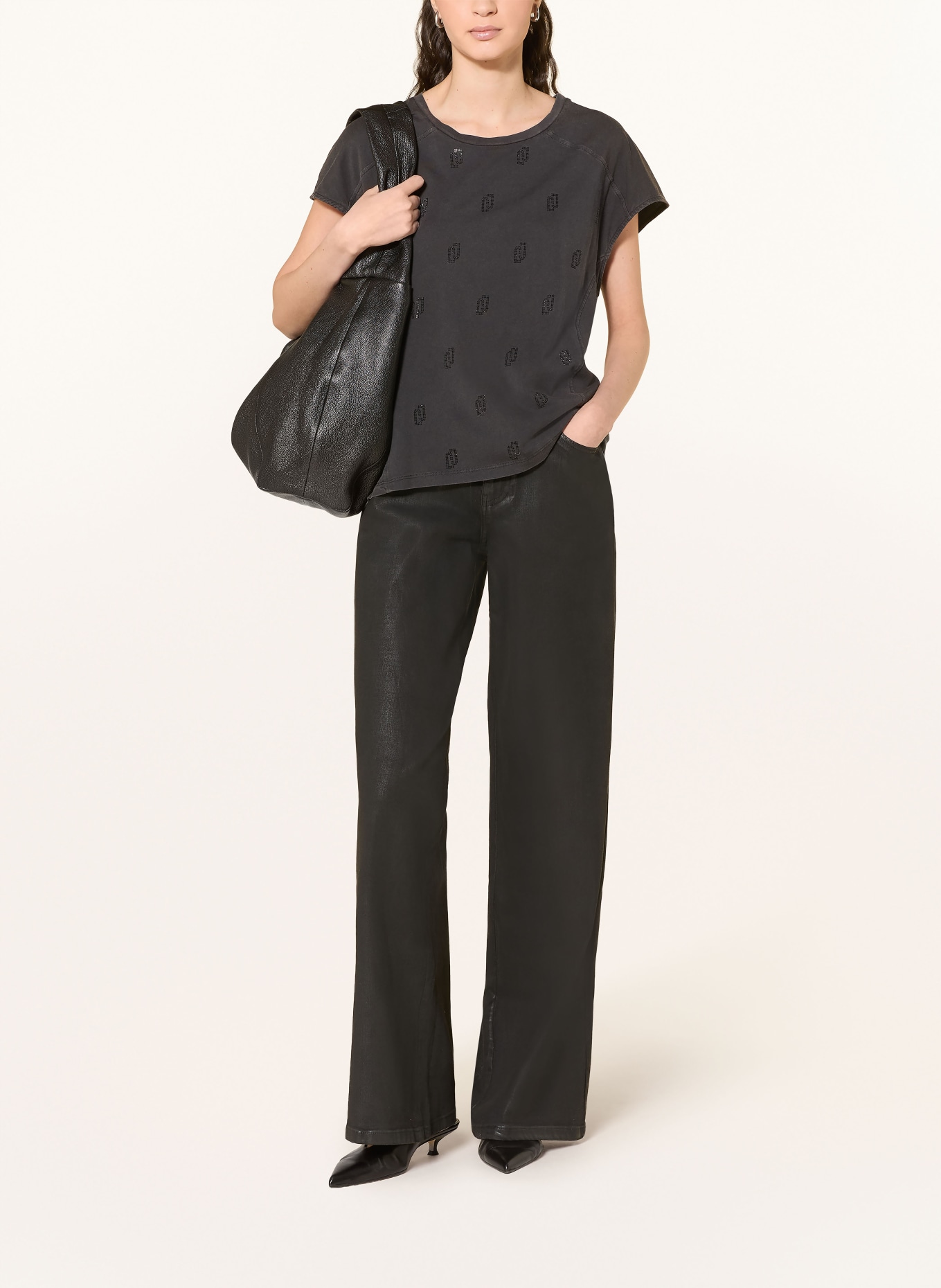 LIU JO Tričko s ozdobnými kamínky: ČERNÁ