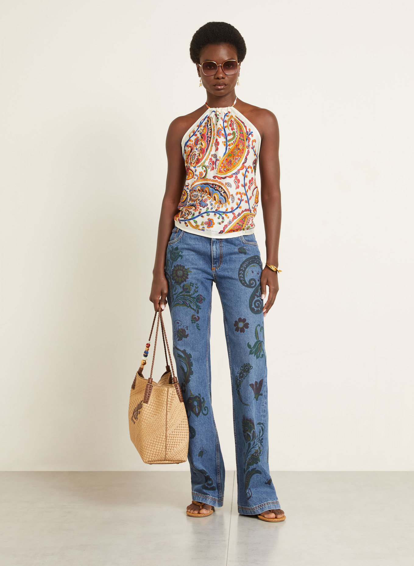 ETRO Seidentop: CREME / NEONORANGE / BLAU