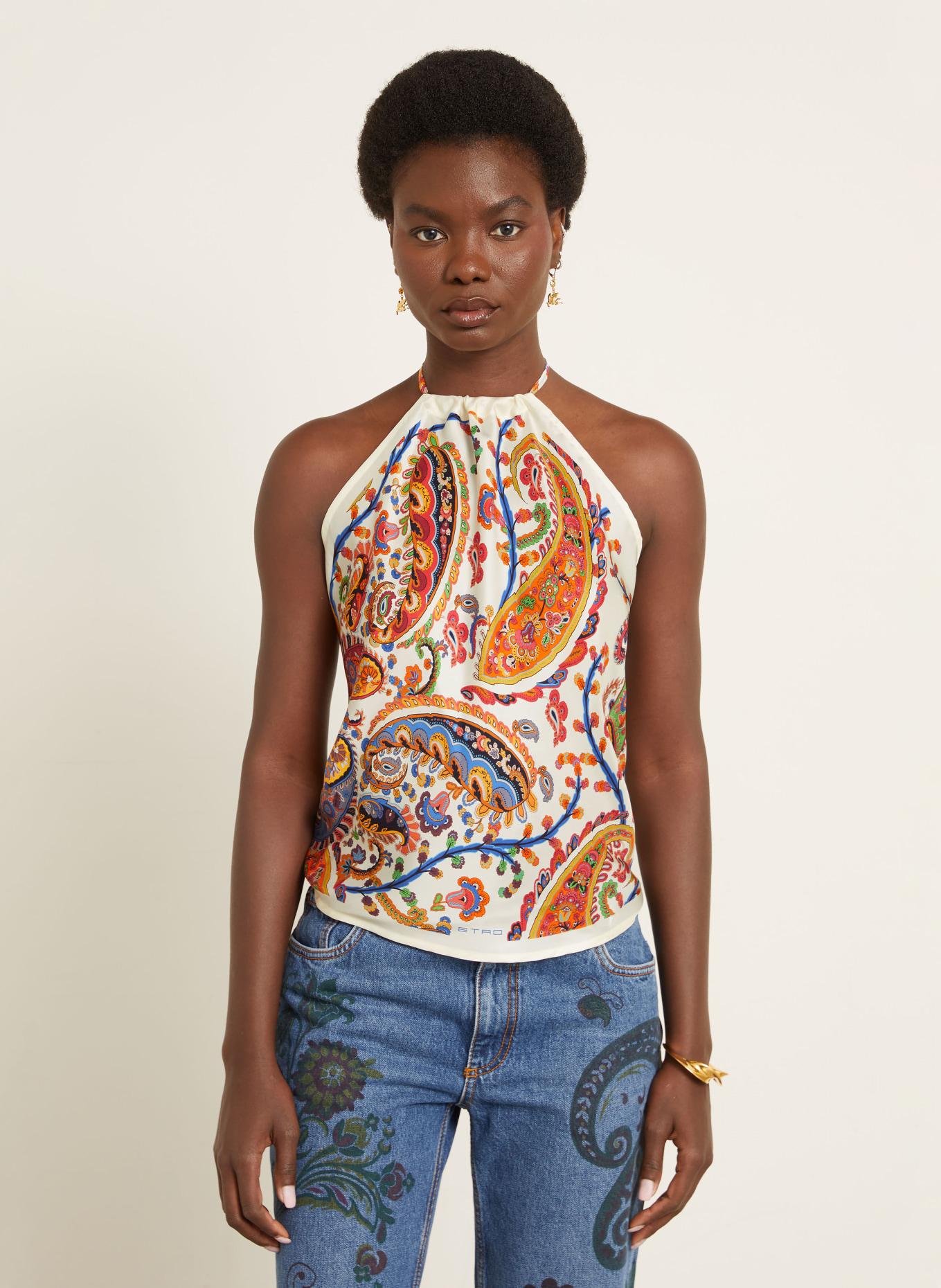 ETRO Seidentop: CREME / NEONORANGE / BLAU