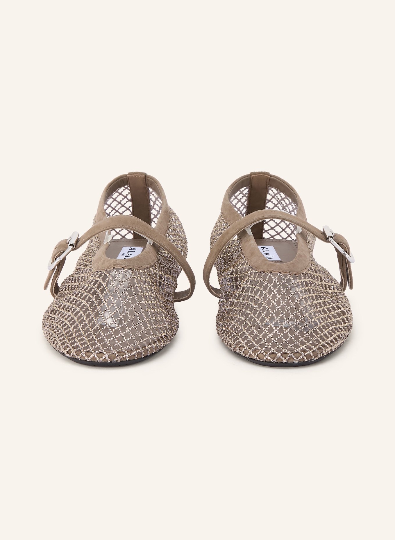 ALAÏA Mary-Jane-Ballerinas mit Schmucksteinen: TAUPE / SILBER