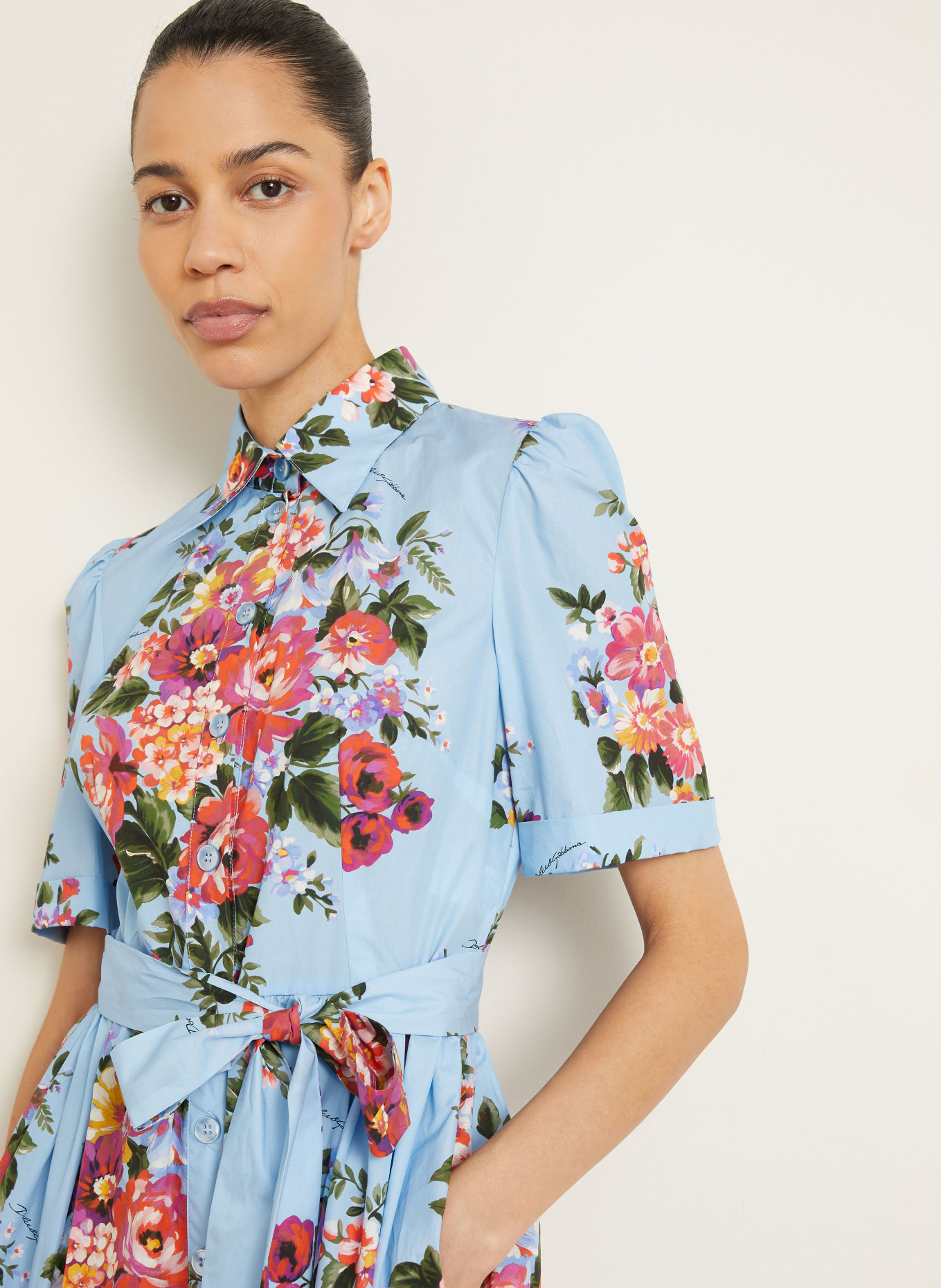 DOLCE & GABBANA shirt dress: LIGHT BLUE / RED / DARK GREEN