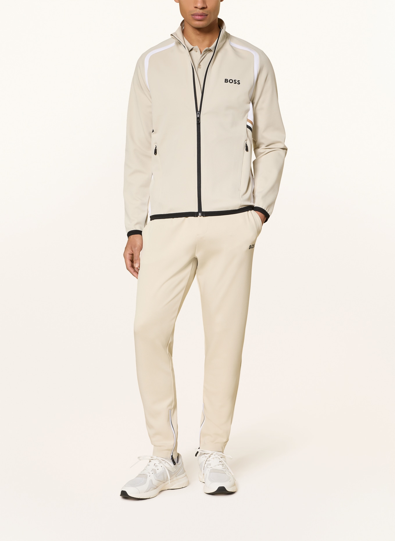 BOSS Trainingsjacke TOC: BEIGE / WEISS