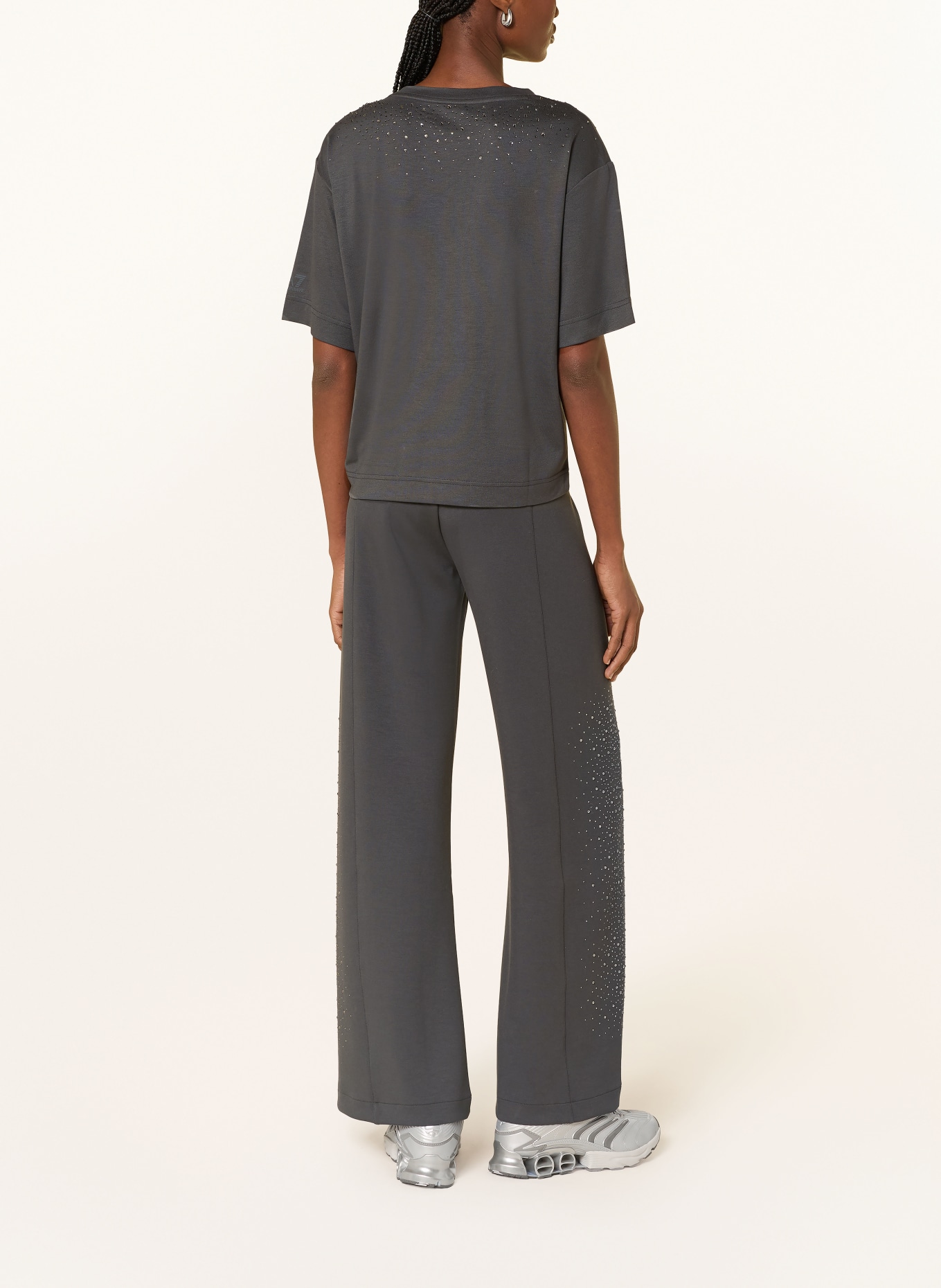 EA7 EMPORIO ARMANI TRAIN PRECIOUS jersey pants with gemstones: DARK GRAY / SILVER