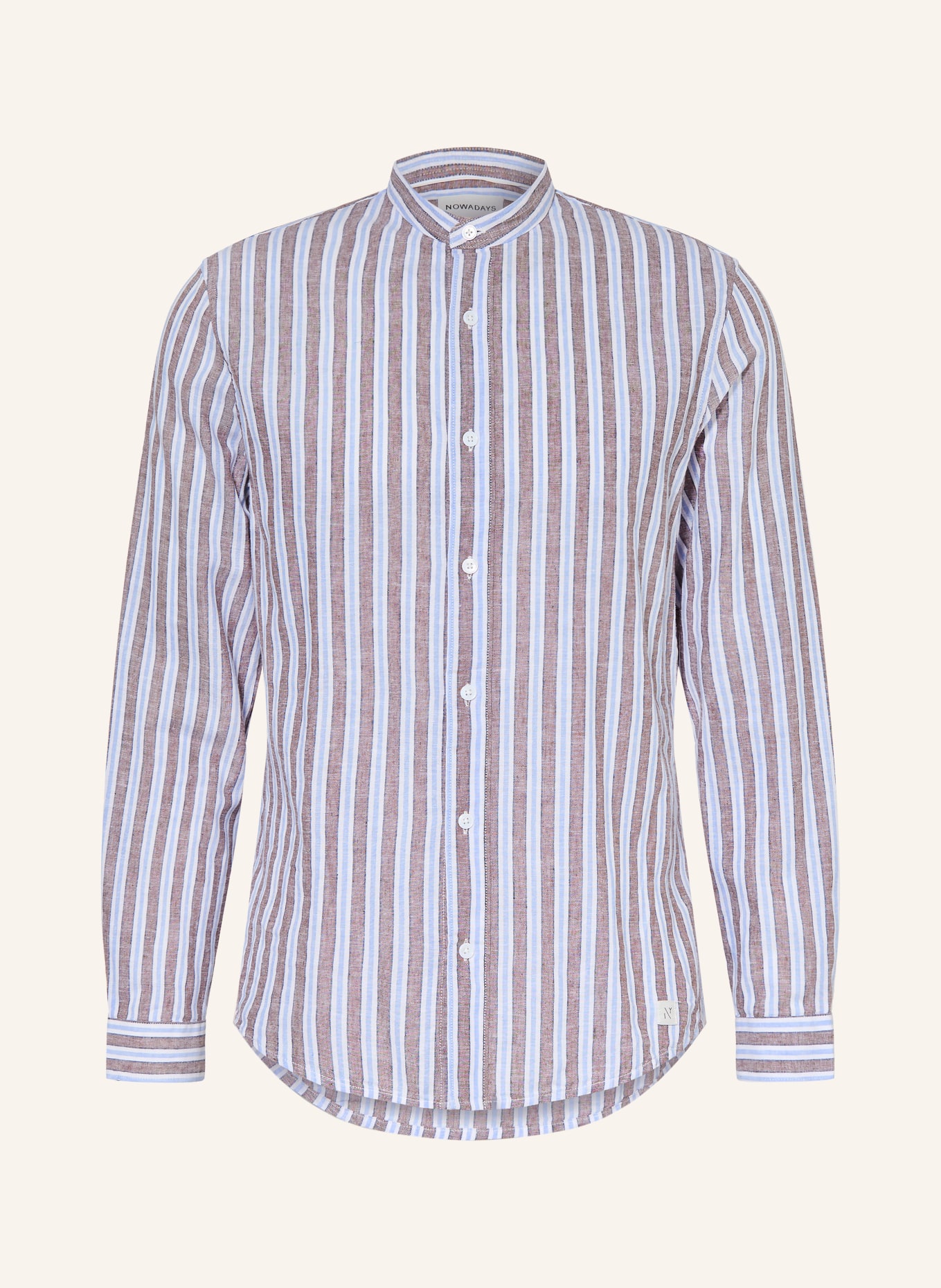 NOWADAYS Hemd Comfort Fit mit Leinen und Stehkragen: BRAUN / HELLBLAU / WEISS